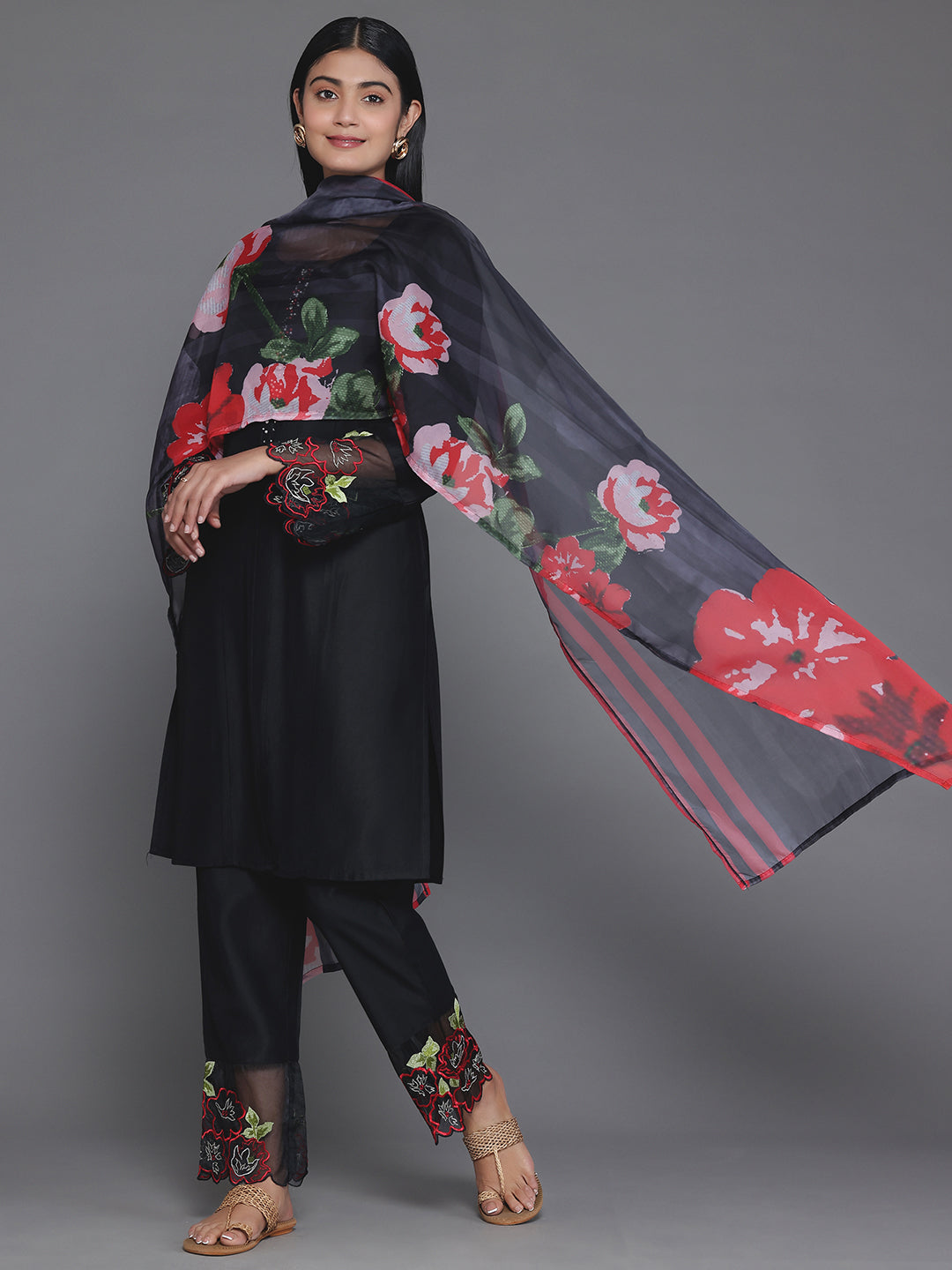 Black Solid Silk Blend Straight Suit With Dupatta