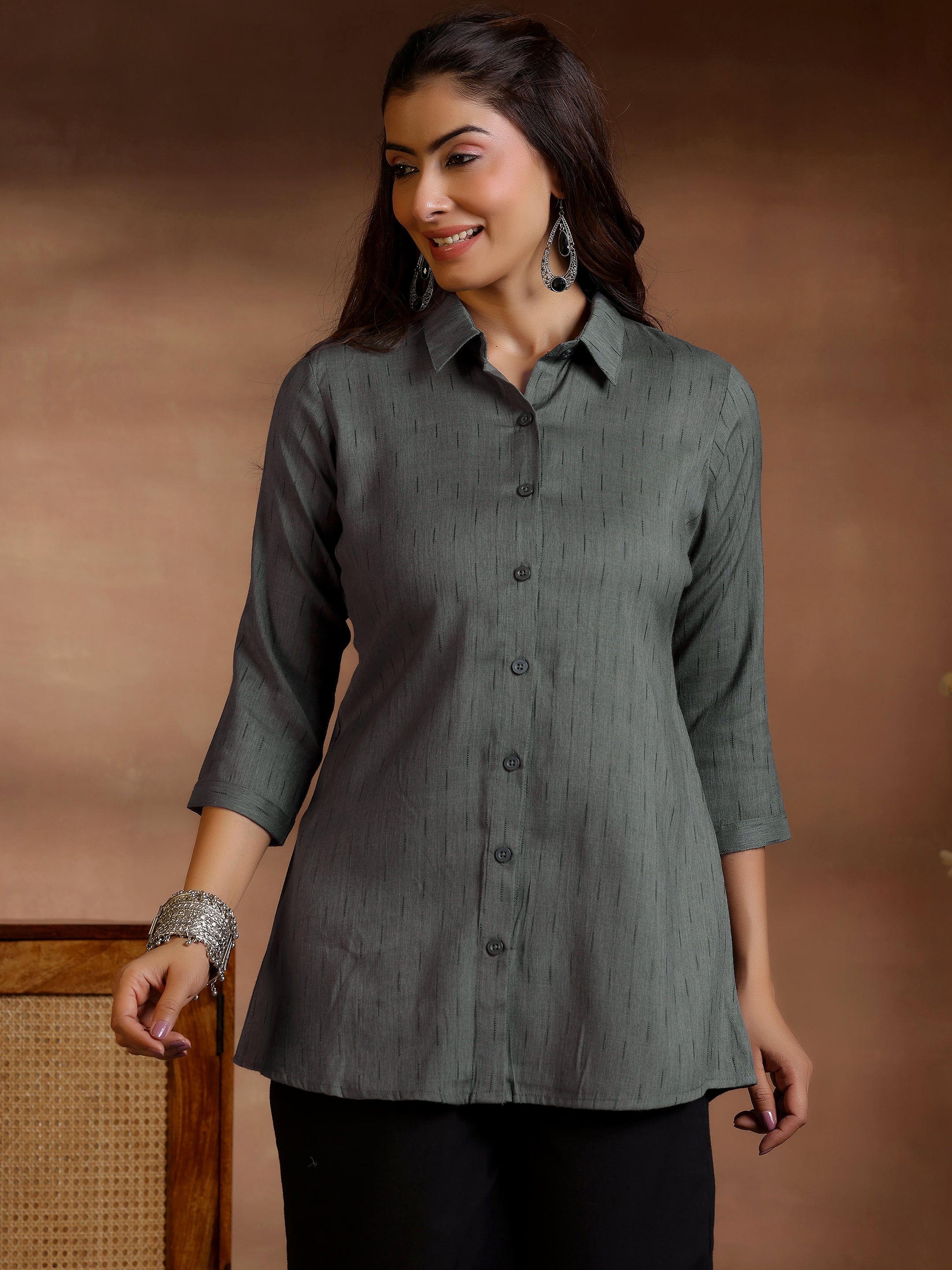 Grey Woven Design Cotton Blend Straight Kurti