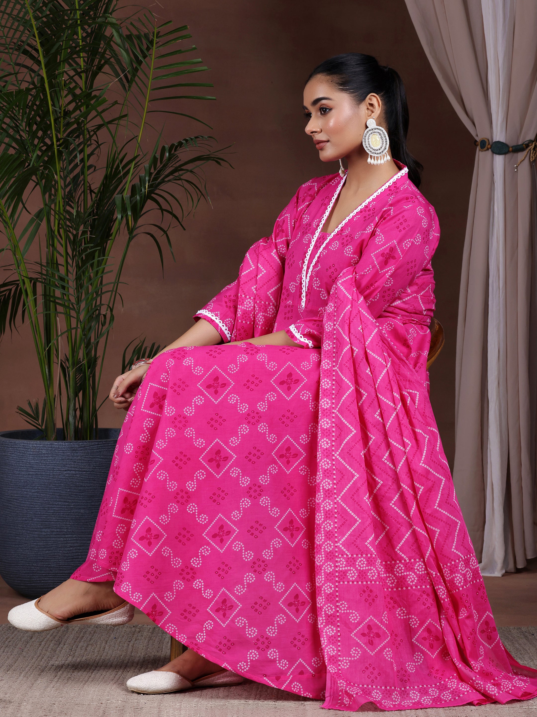 Pink Printed Cotton Anarkali Suit With Dupatta