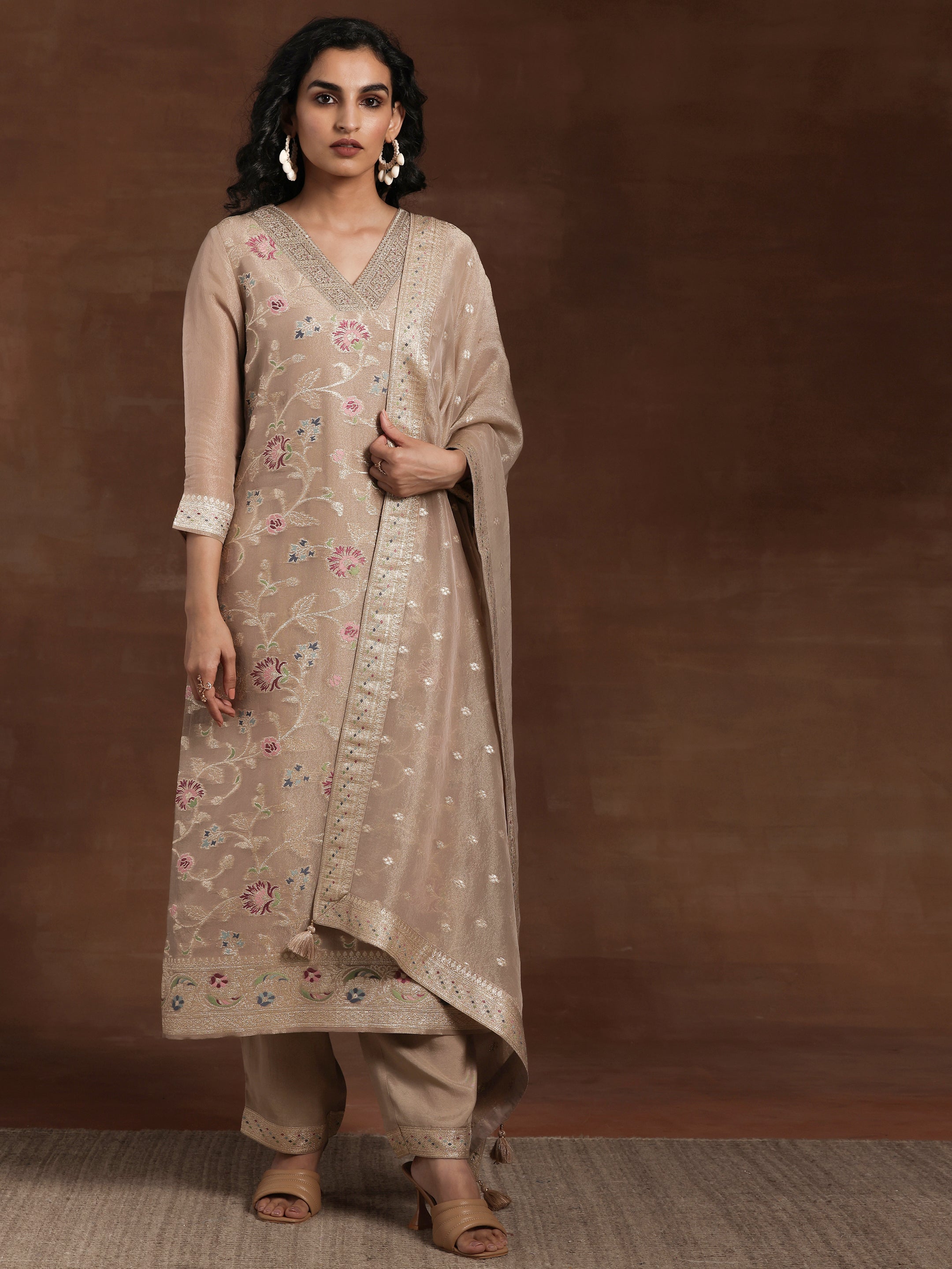 Brown Woven Design Chanderi Silk Straight Suit With Dupatta