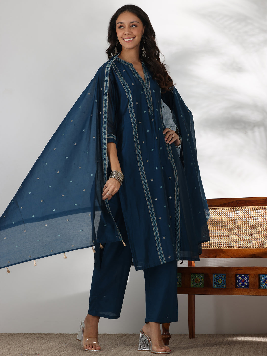 Teal Woven Design Chanderi Silk Straight Suit With Dupatta