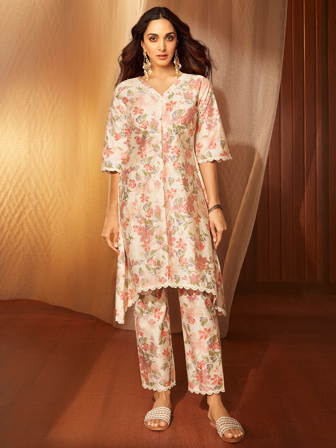 Saavri Beige Printed Chanderi Silk A-Line Kurta With Trousers