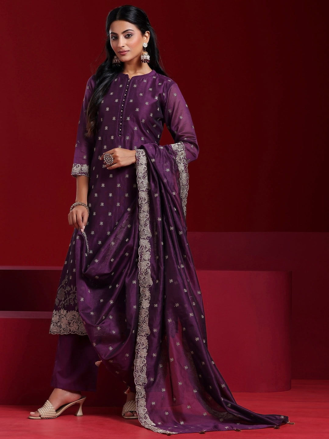 Libas Art Wine Embroidered Chanderi Silk Straight Suit With Dupatta