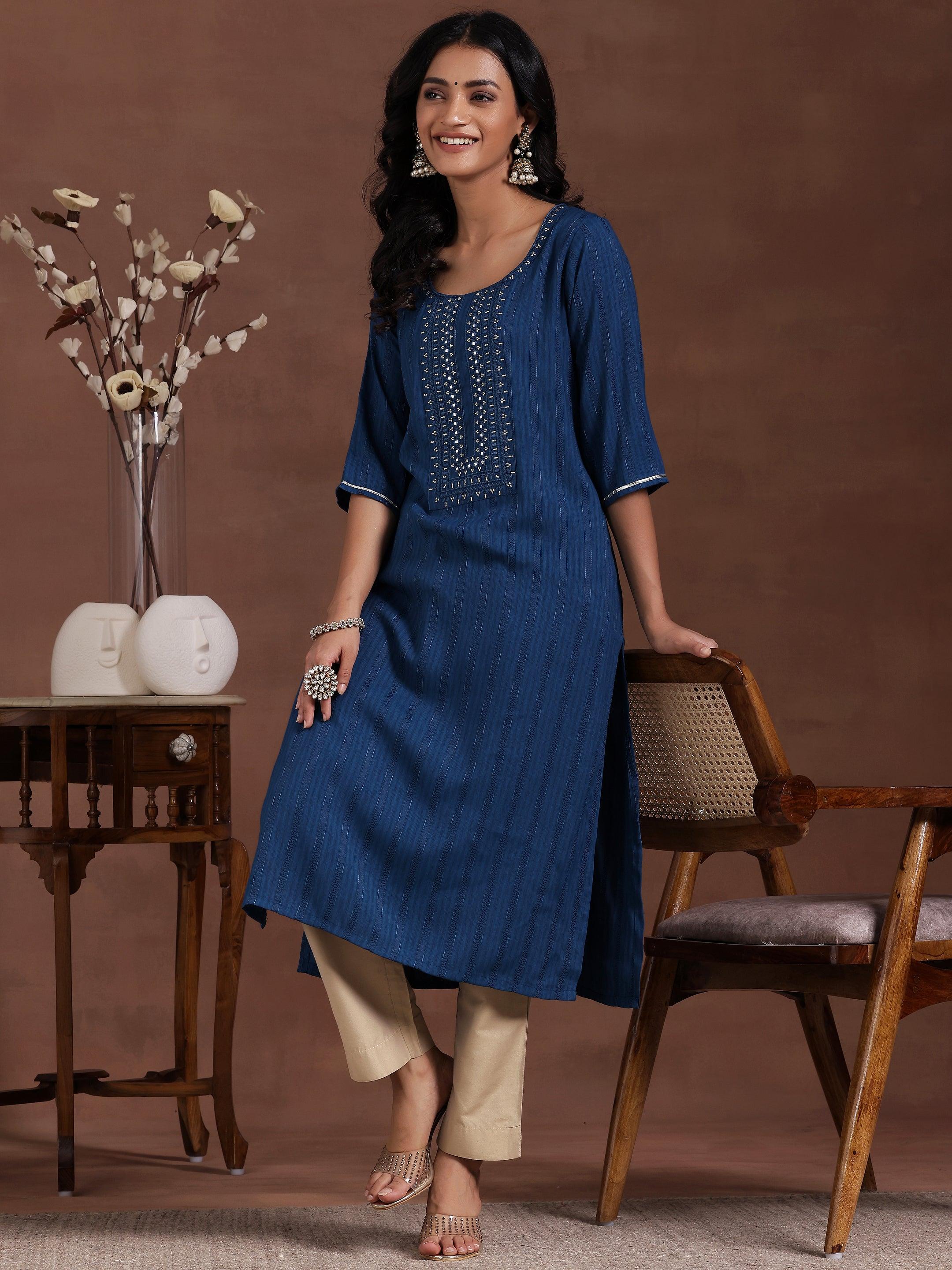 Blue Yoke Design Rayon Straight Kurta