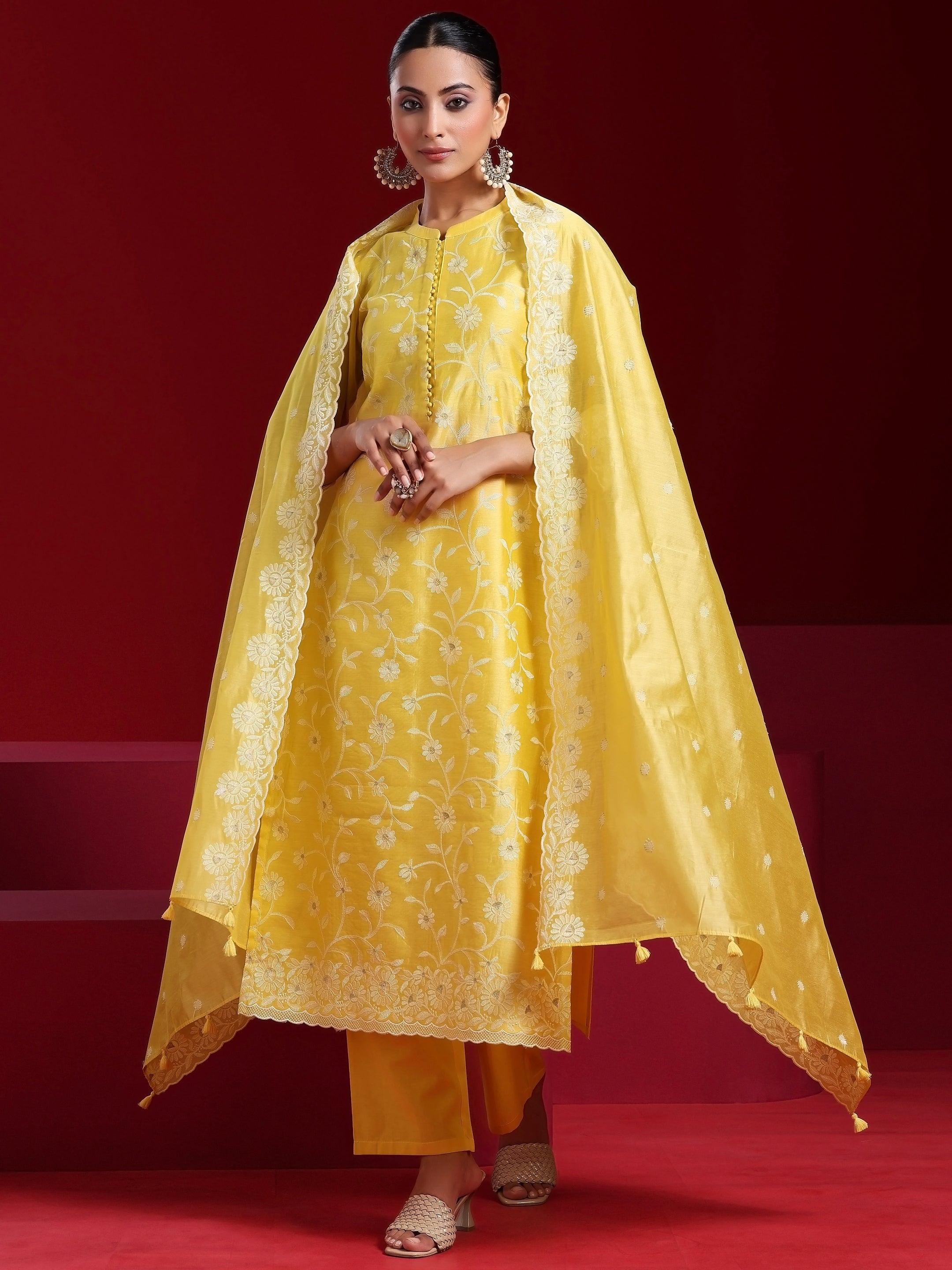 Libas Art Yellow Embroidered Chanderi Silk Straight Suit With Dupatta