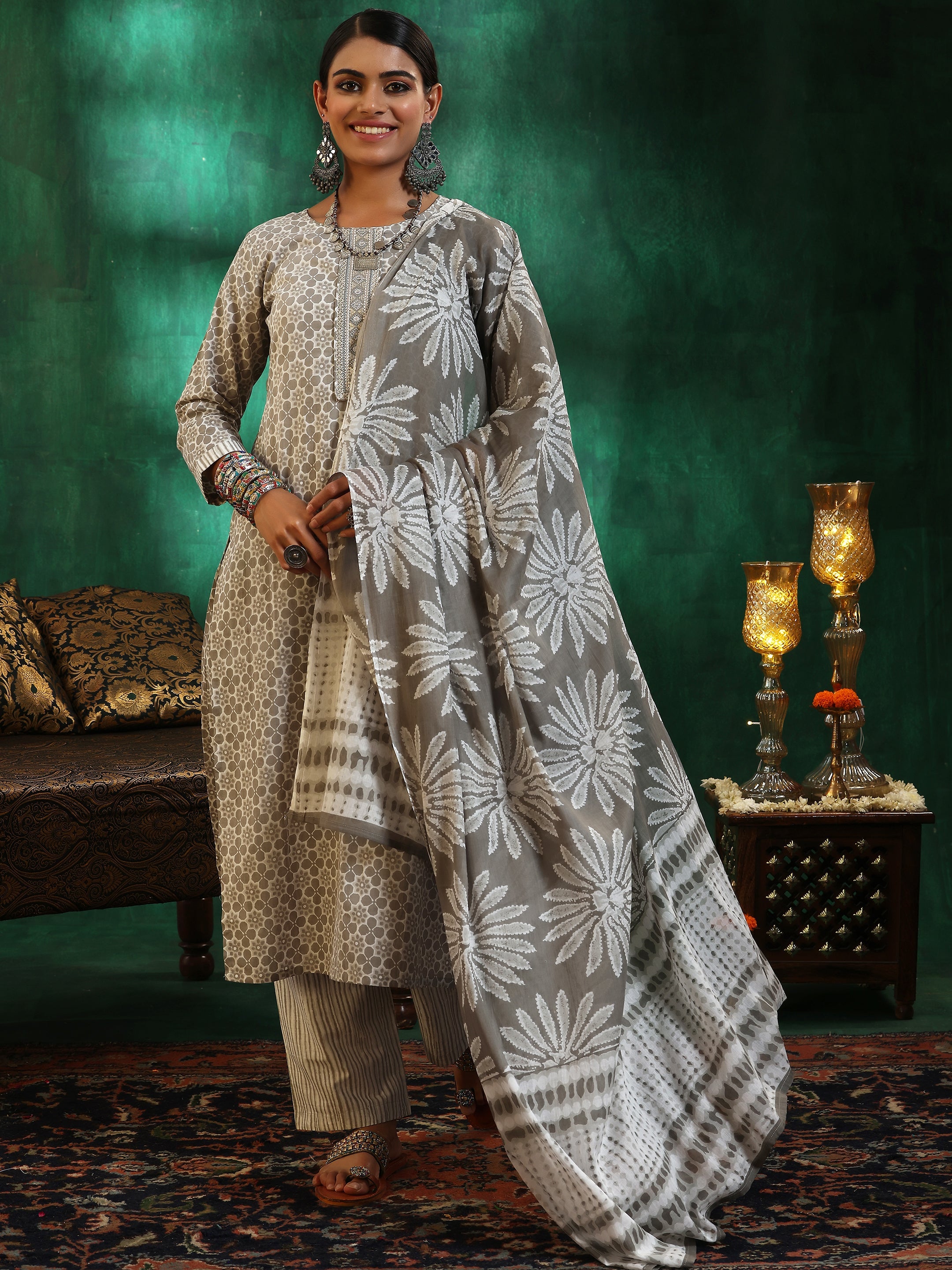 Grey Printed Cotton Straight Suit With Dupatta