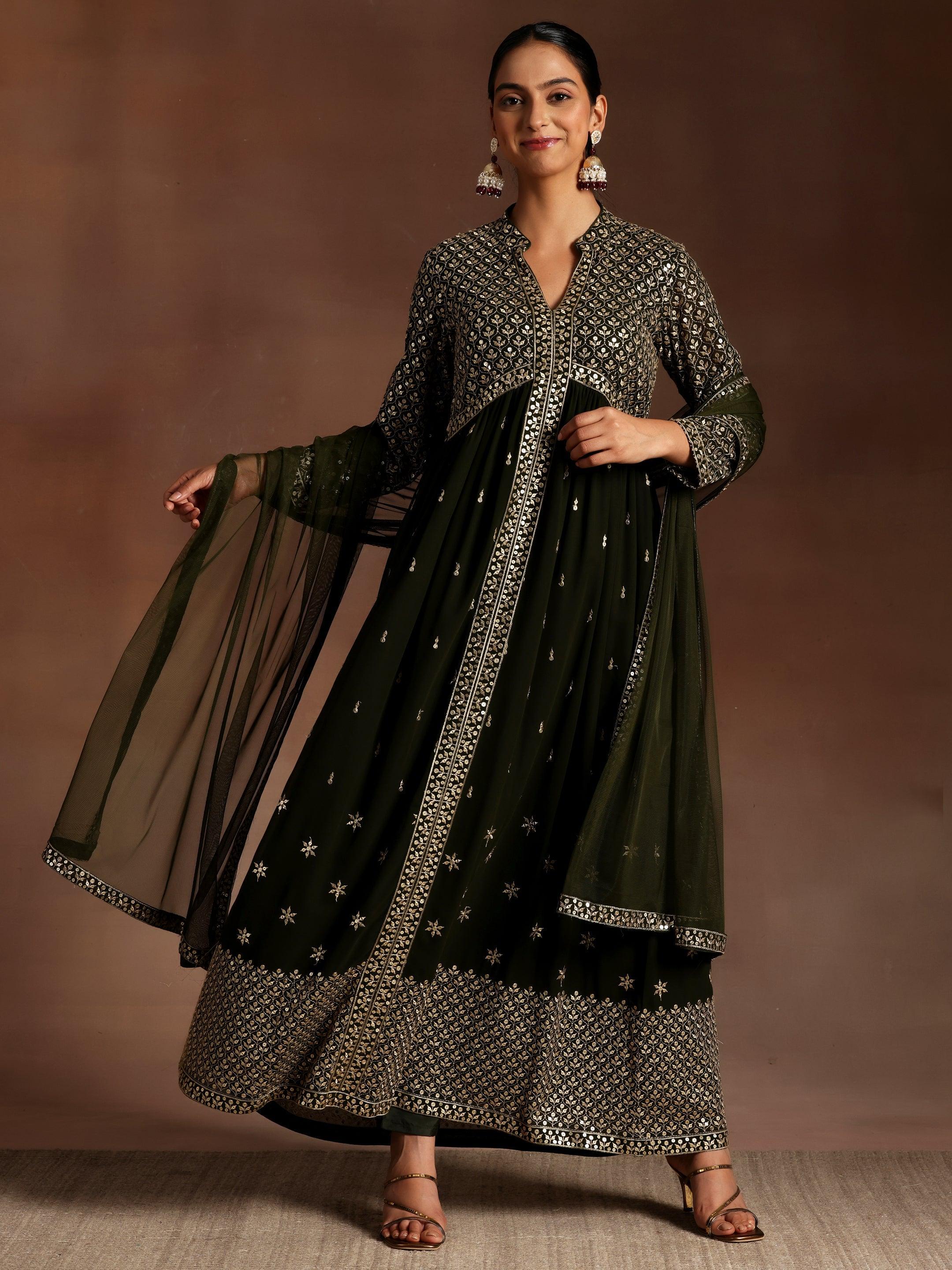 Chandni Olive Embroidered Georgette A-Line Kurta With Trousers & Dupatta