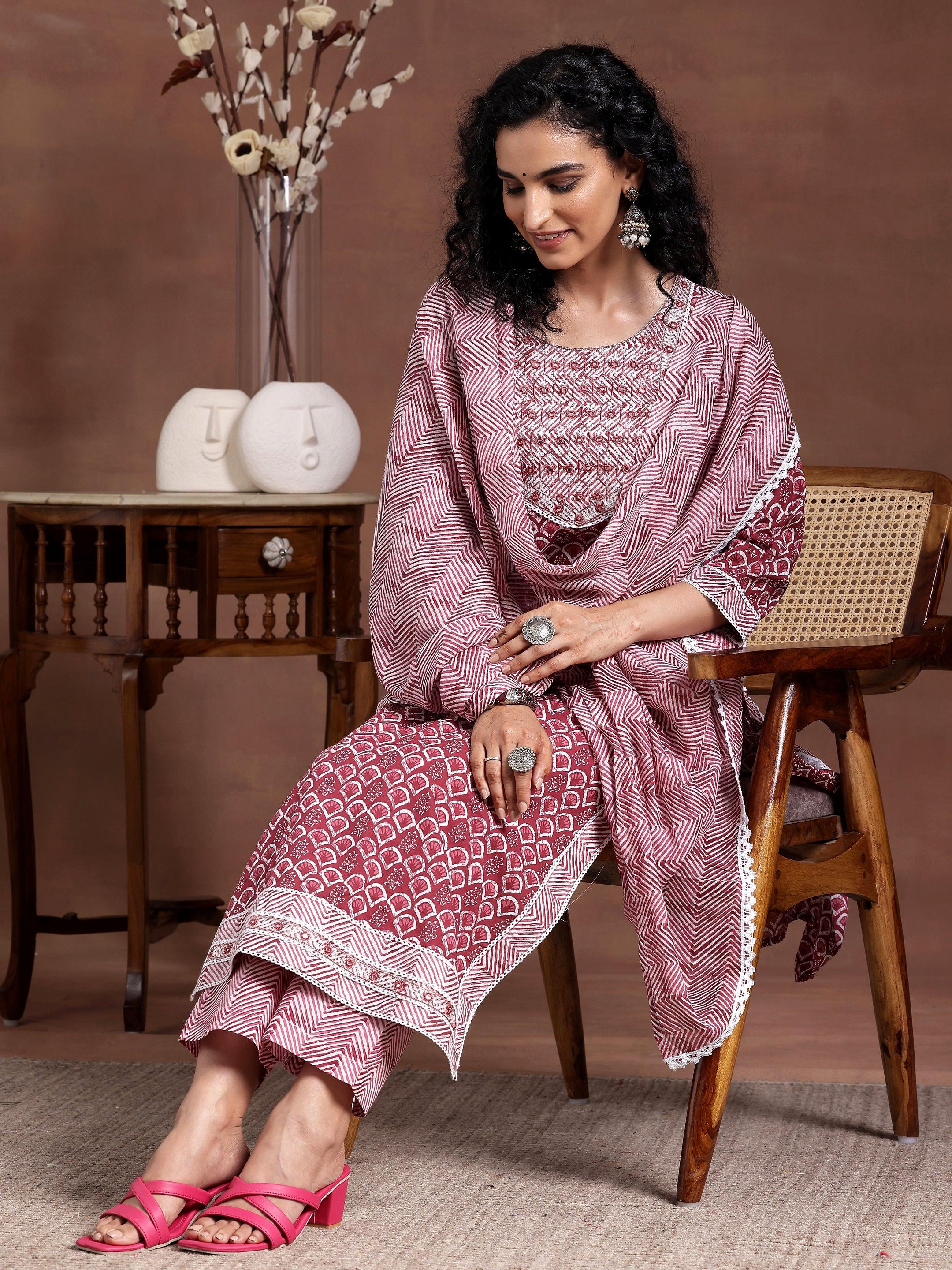 Maroon Printed Cotton Straight Suit With Dupatta