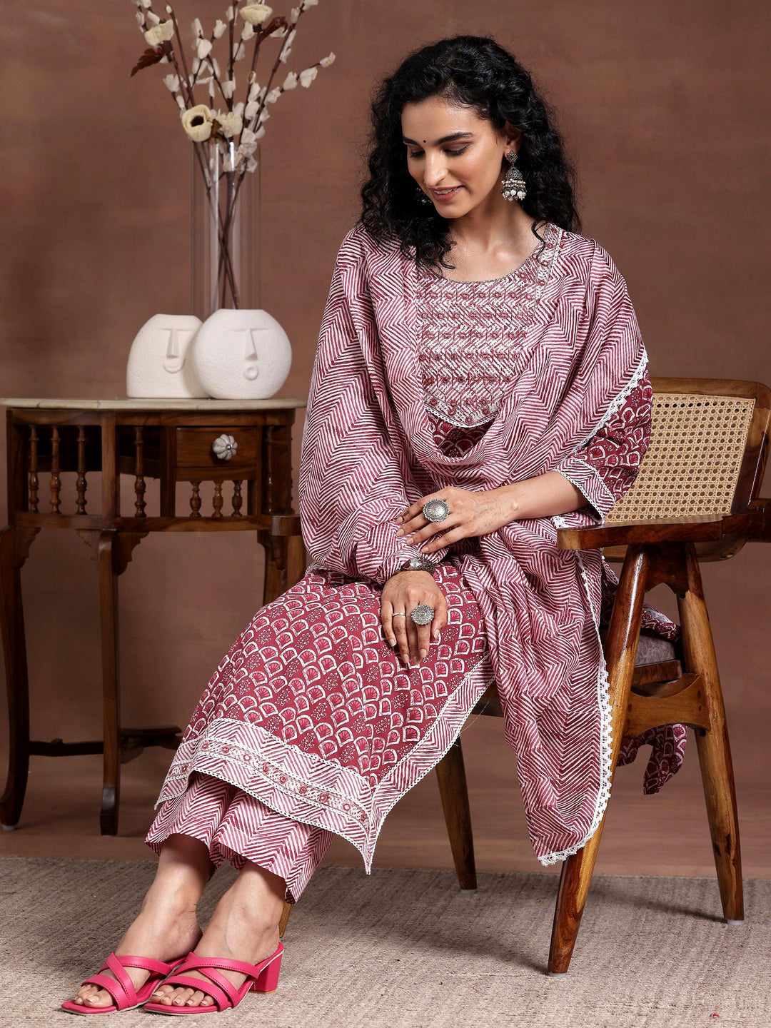 Maroon Printed Cotton Straight Suit With Dupatta - Libas