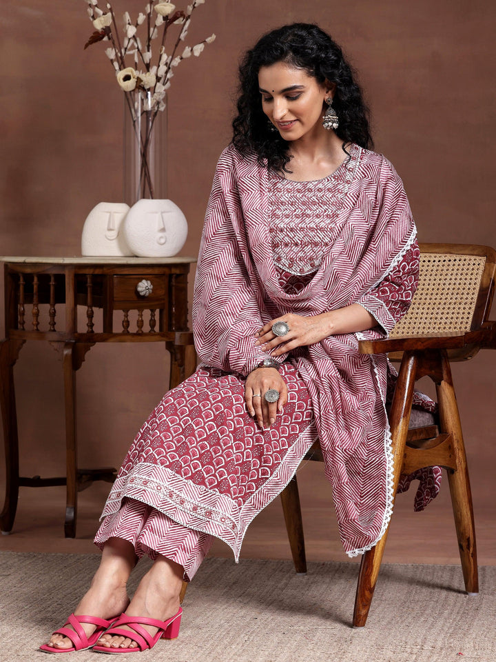 Maroon Printed Cotton Straight Suit With Dupatta - Libas