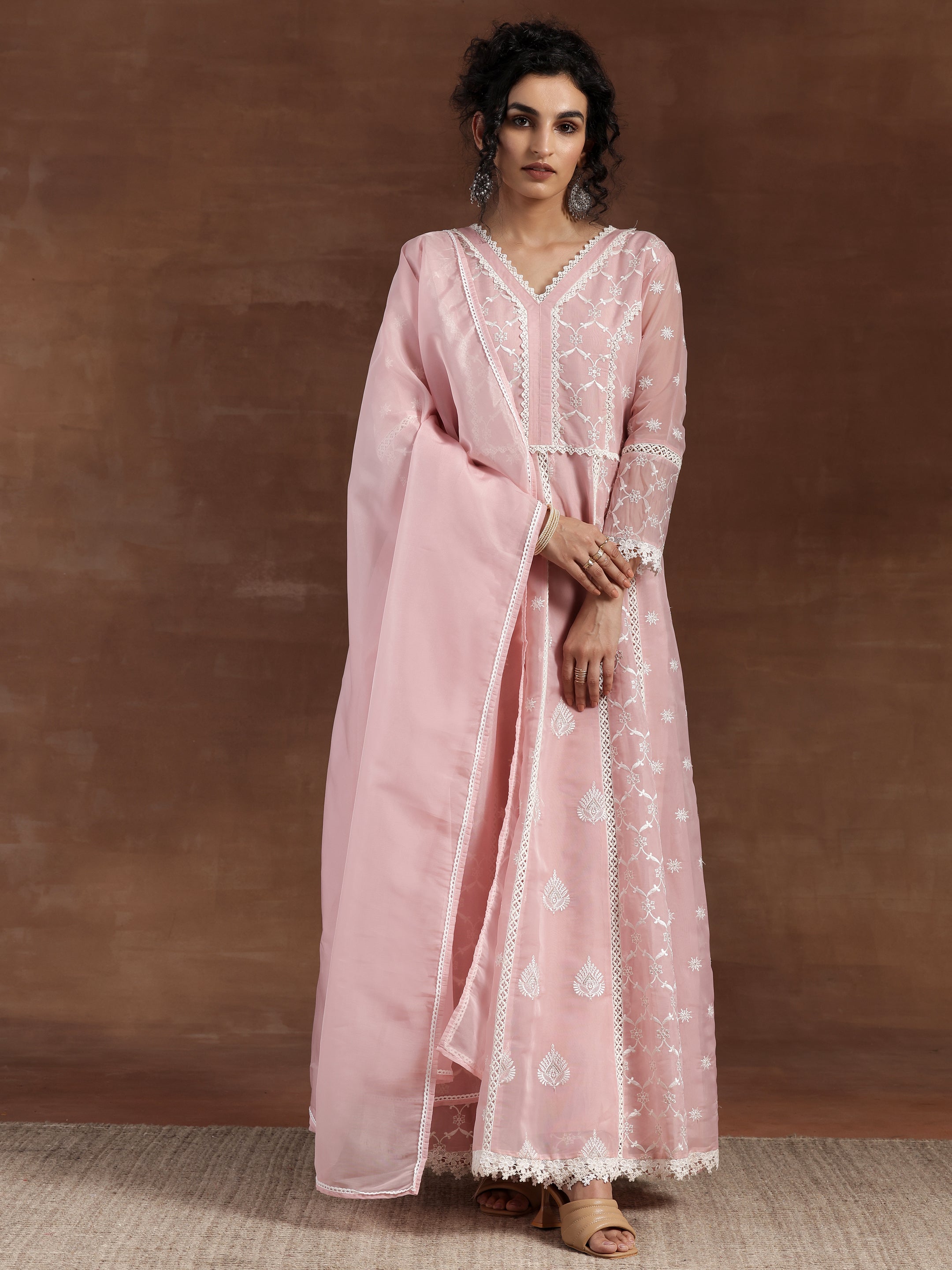 Pink Embroidered Organza A-Line Kurta With Palazzos & Dupatta