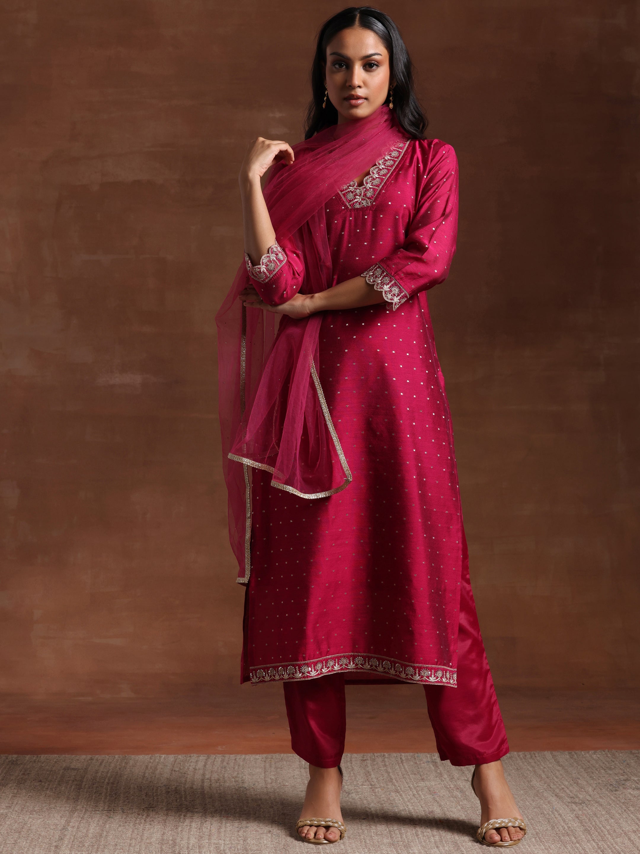 Pink Self Design Silk Blend Straight Suit With Dupatta