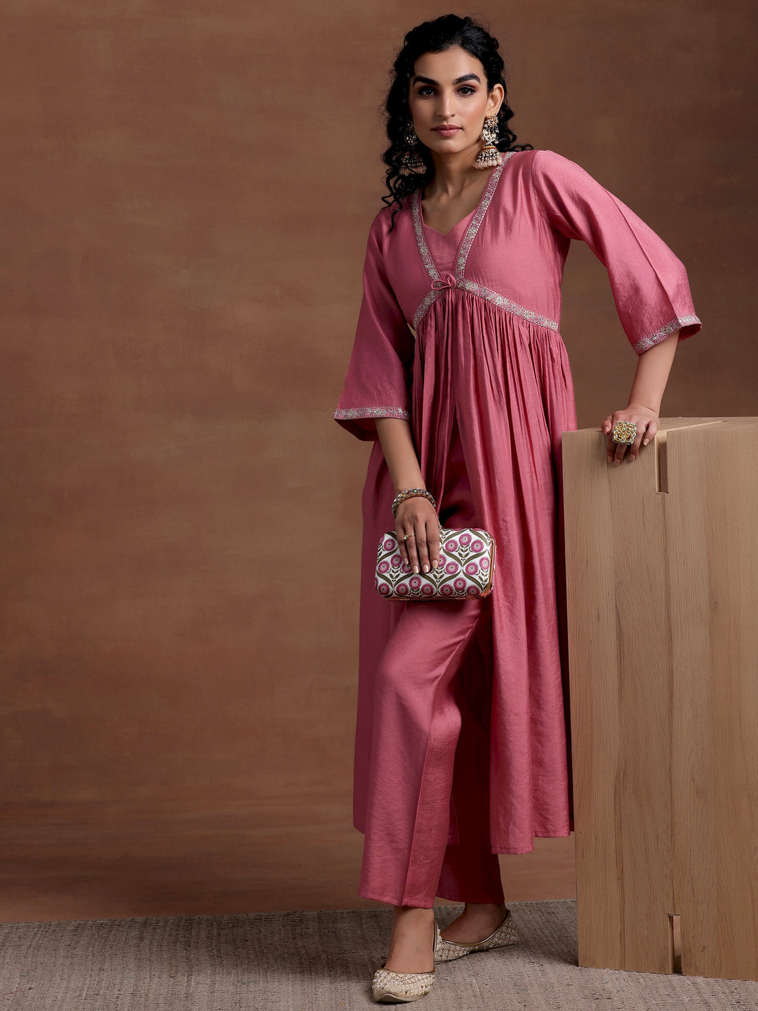 Peach Solid Silk Blend A-Line Kurta With Trousers