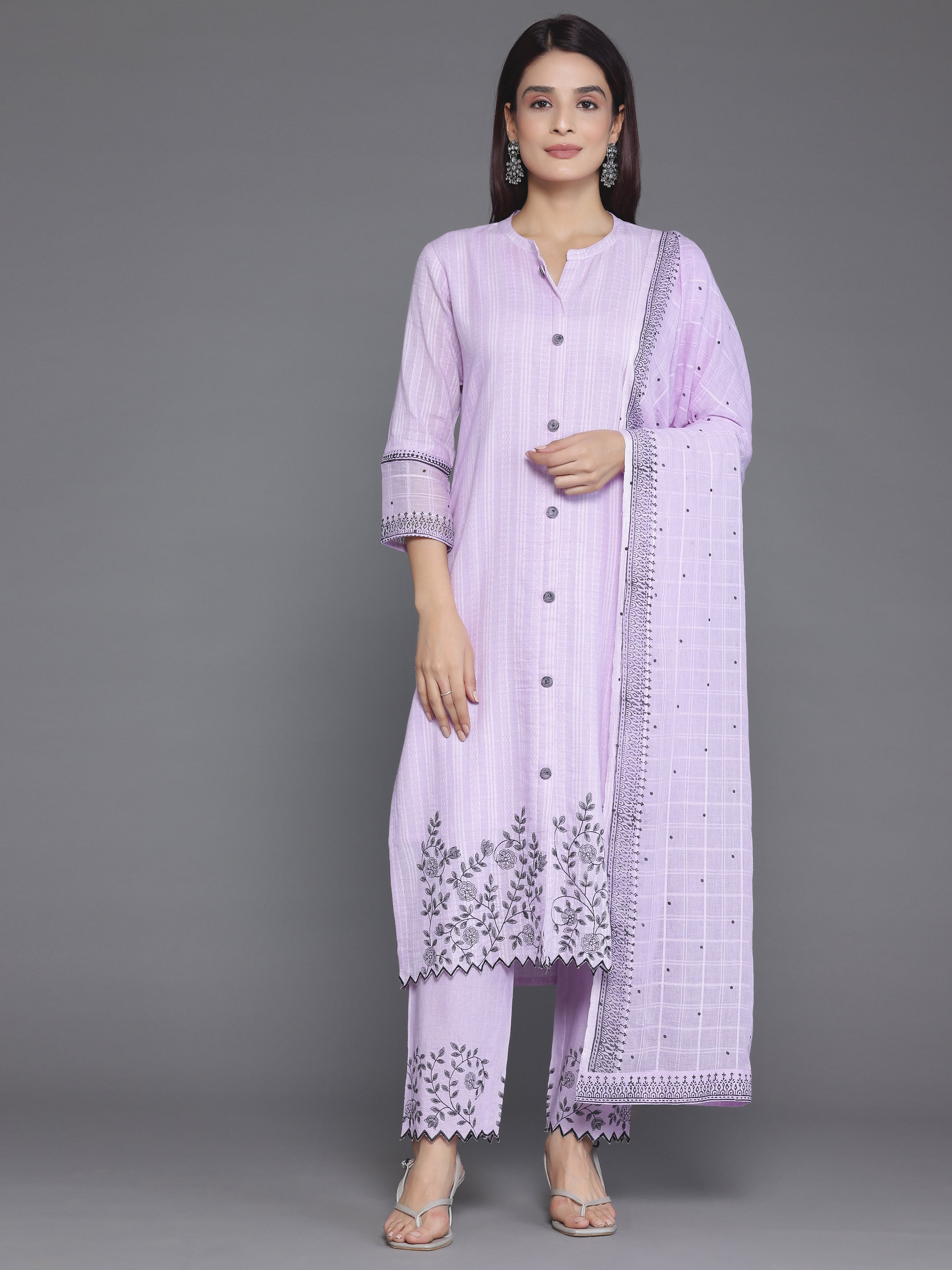 Lavender Woven Design Cotton Straight Suit With Dupatta