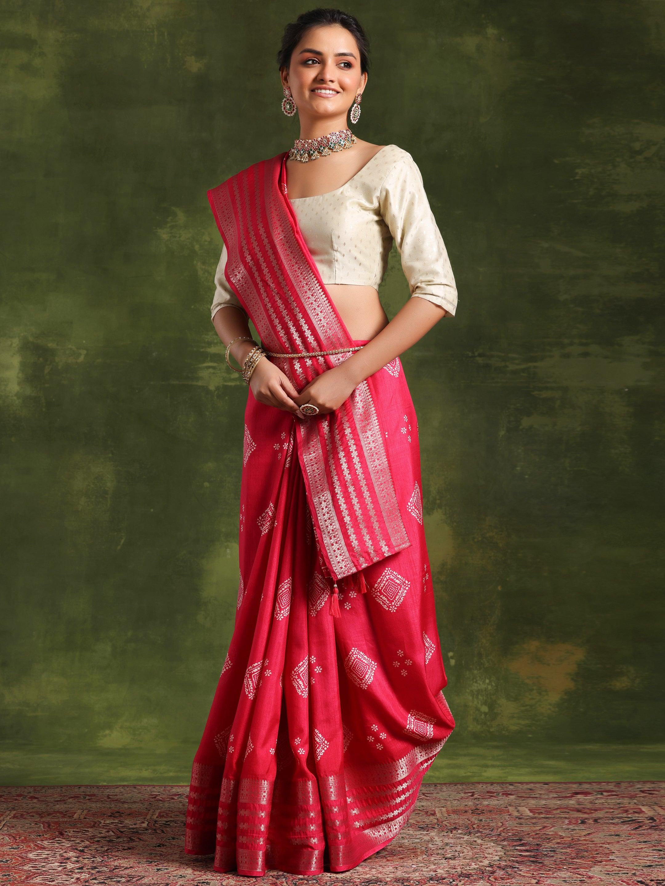 Pink Printed Silk Blend Saree With Unstitched Blouse Piece