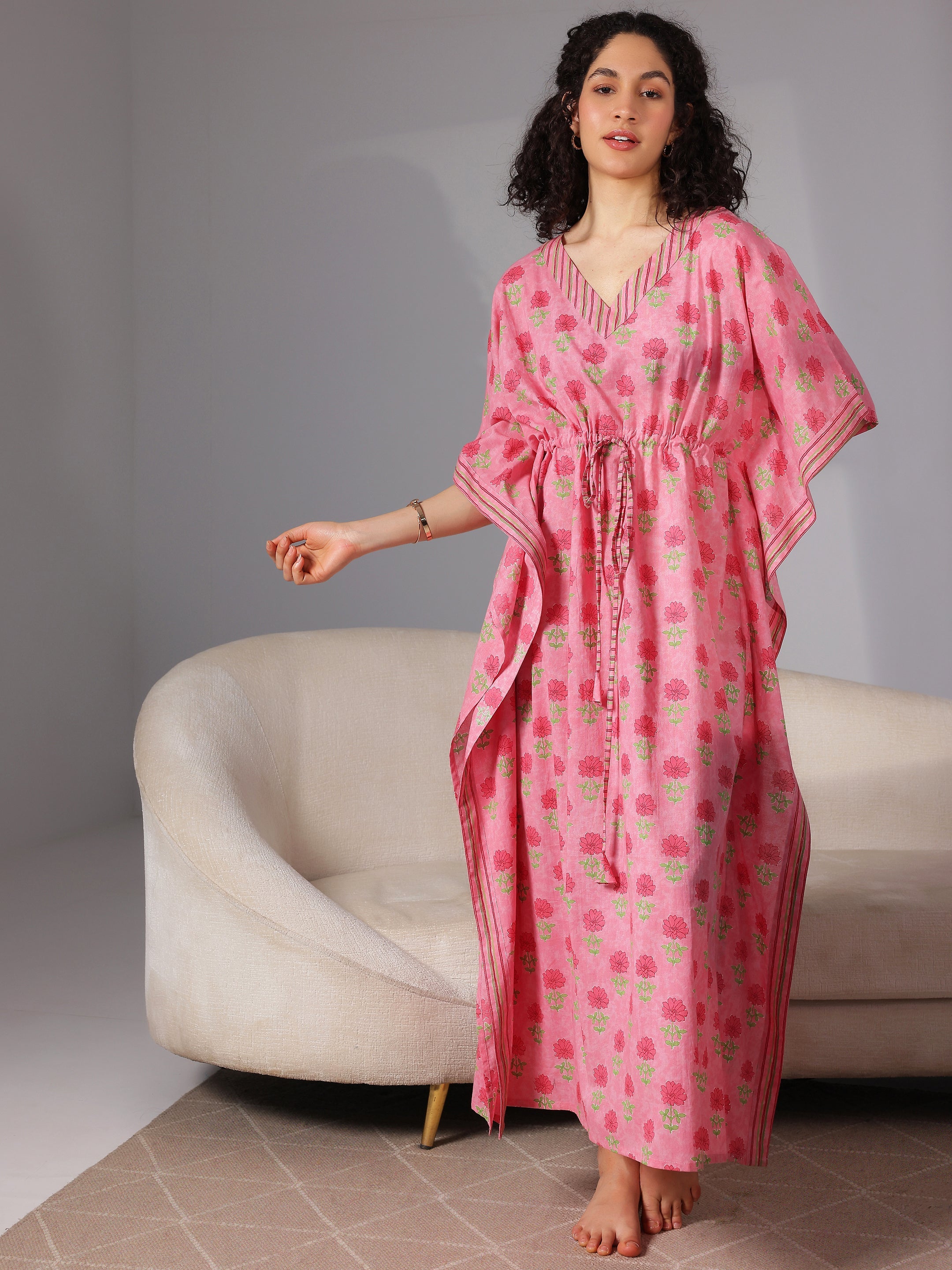 Pink Printed Cotton Kaftan Night Dress