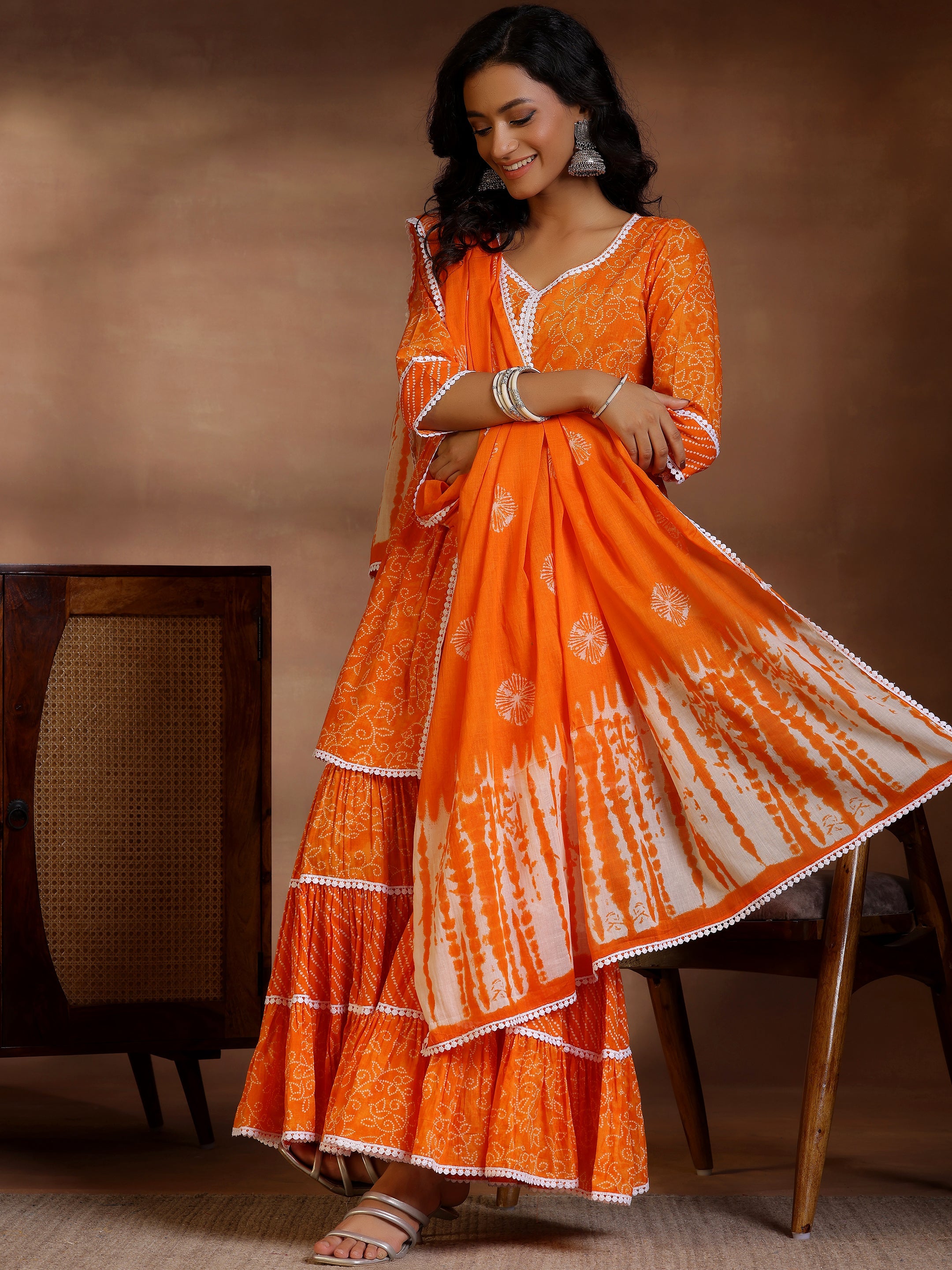 Orange Printed Cotton A-Line Kurti With Sharara & Dupatta