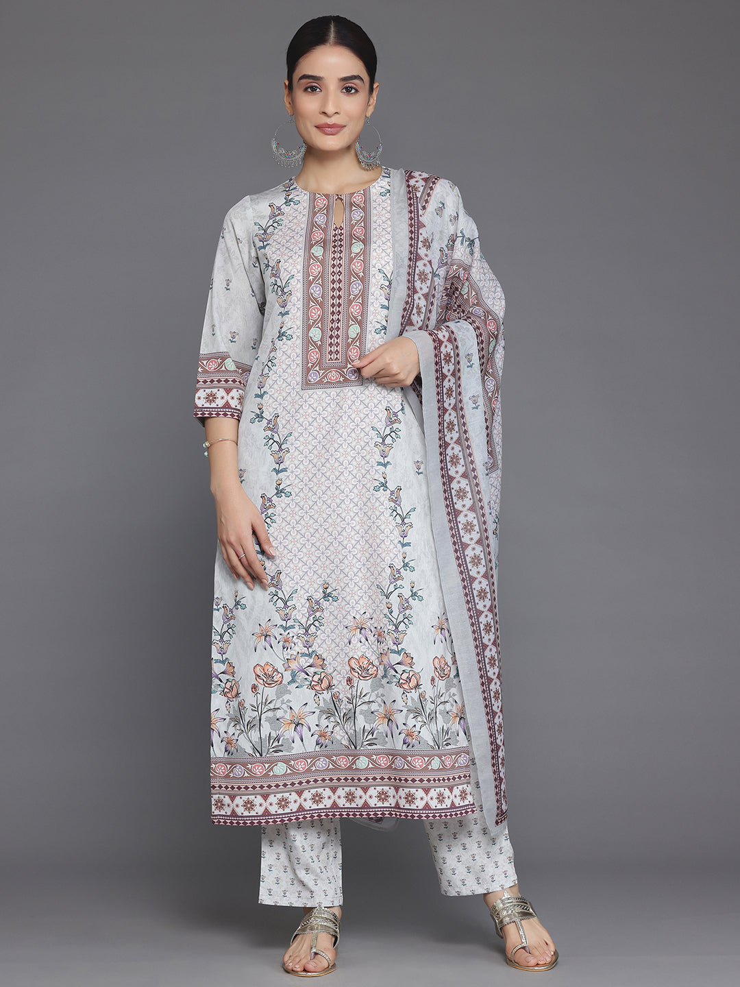 Grey Printed Poly Crepe Straight Suit With Dupatta