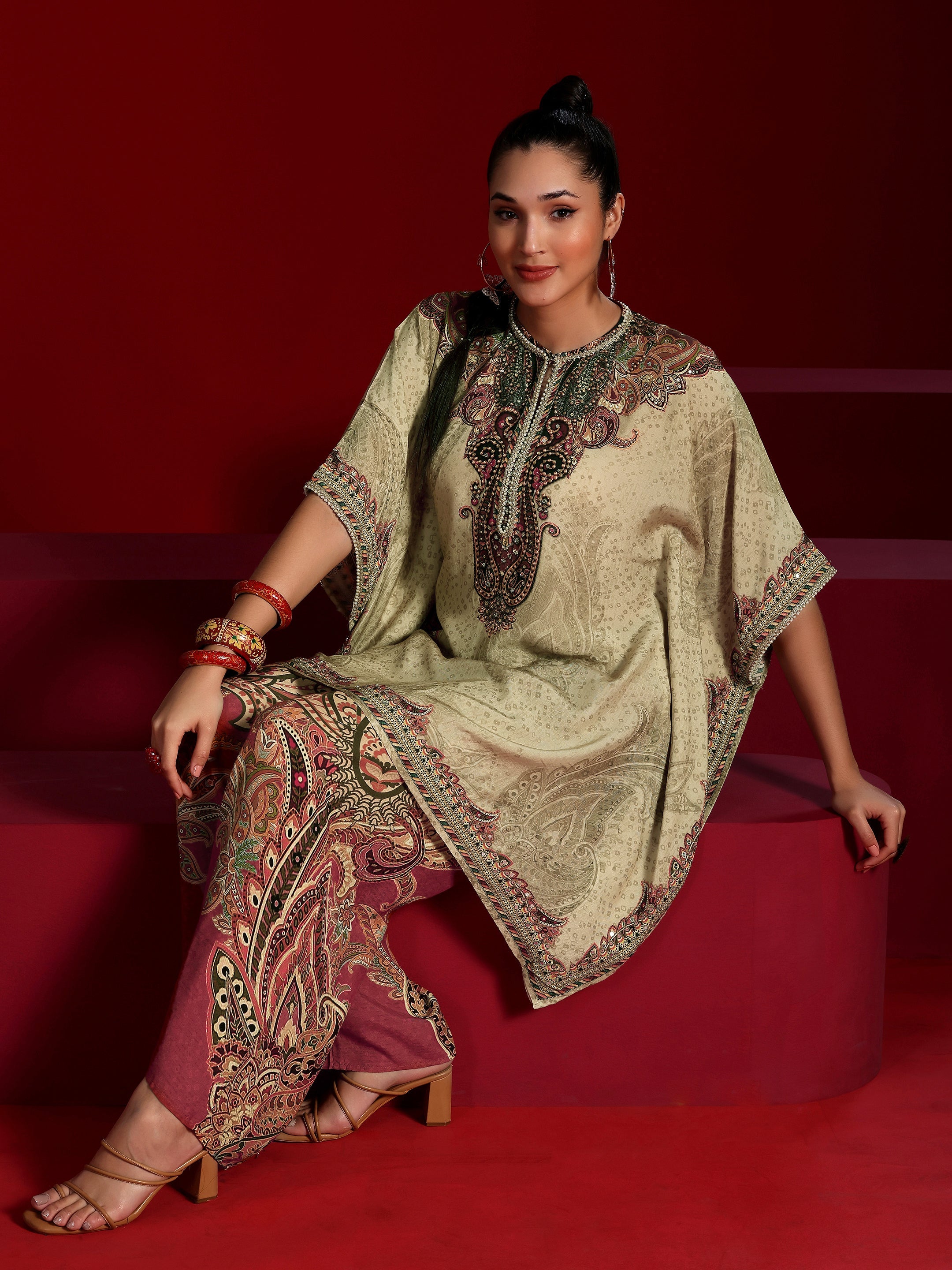 Libas Art Beige Printed Silk Blend Co-Ords