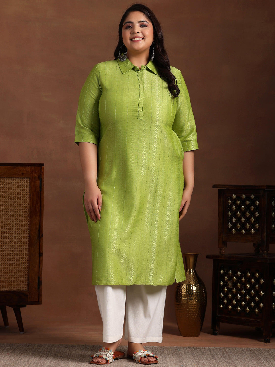 Plus Size Green Woven Design Cotton Straight Kurta