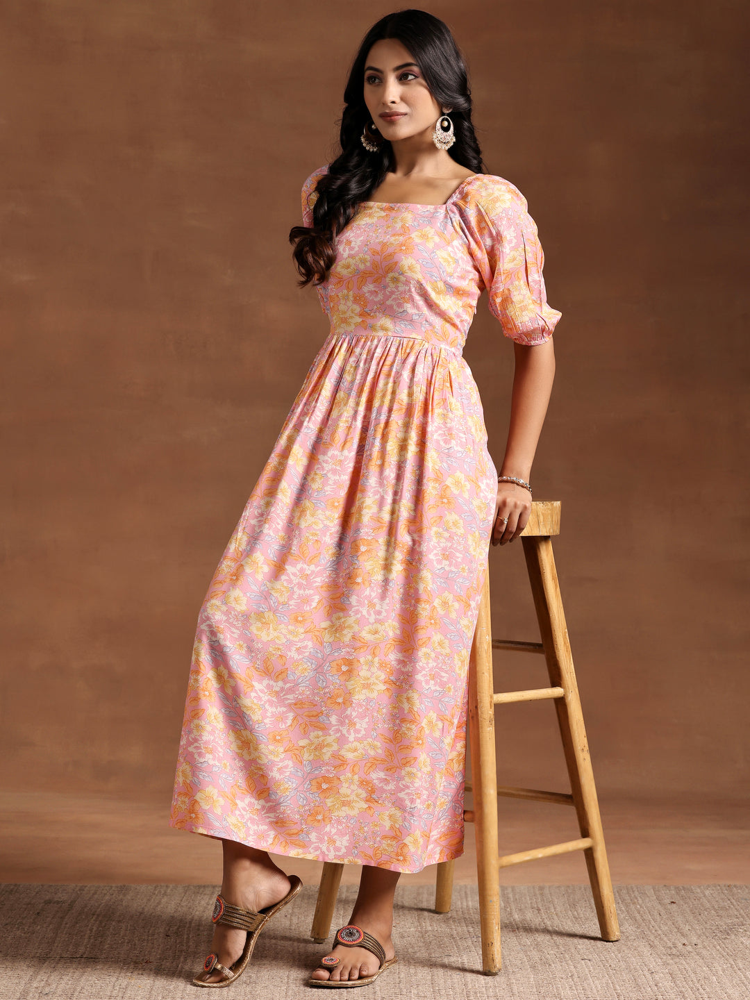 Peach Printed Rayon Fit and Flare Dress