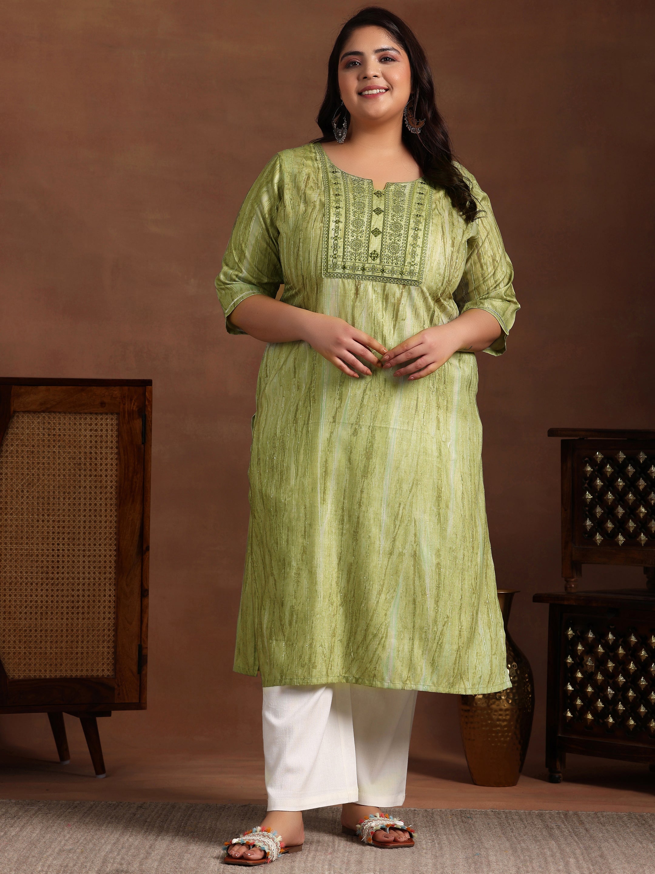 Plus Size Green Yoke Design Cotton Straight Kurta