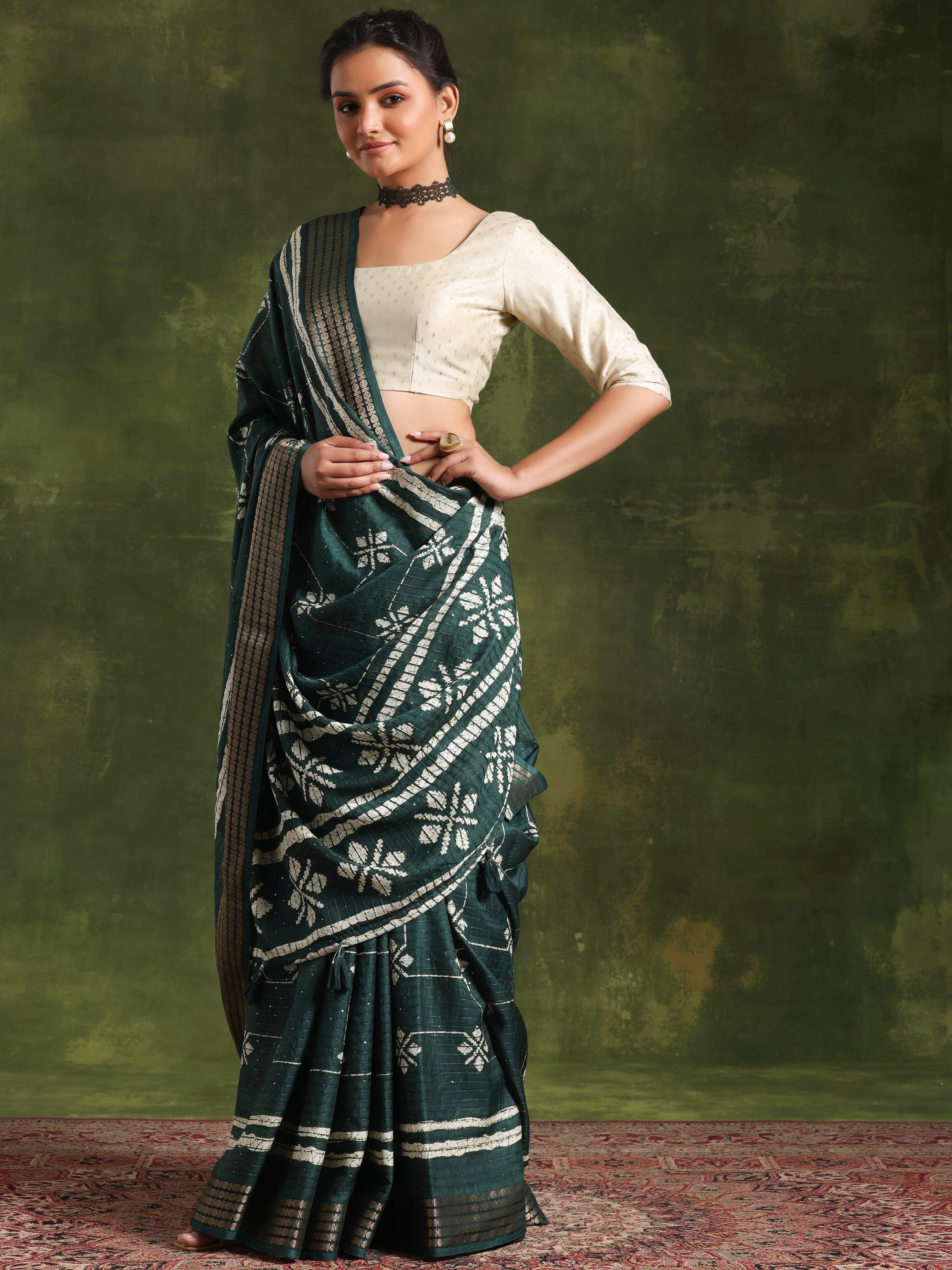 Green Printed Silk Blend Saree With Unstitched Blouse Piece