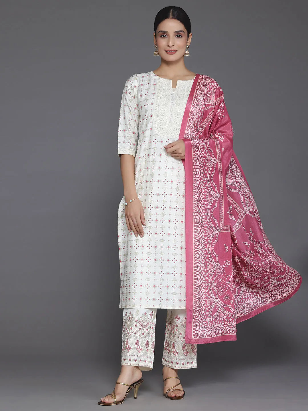 Off White Printed Silk Blend Straight Suit With Dupatta