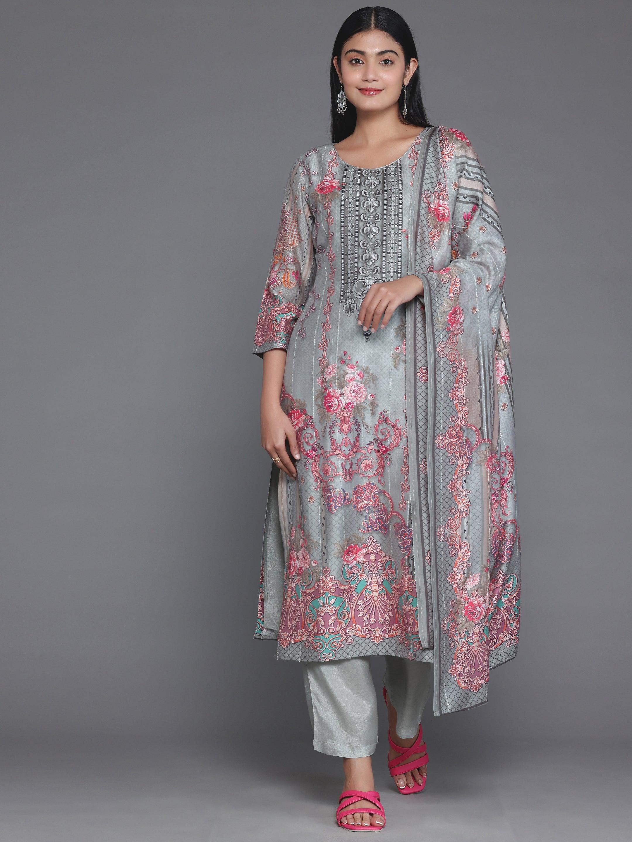 Grey Printed Silk Blend Straight Suit With Dupatta