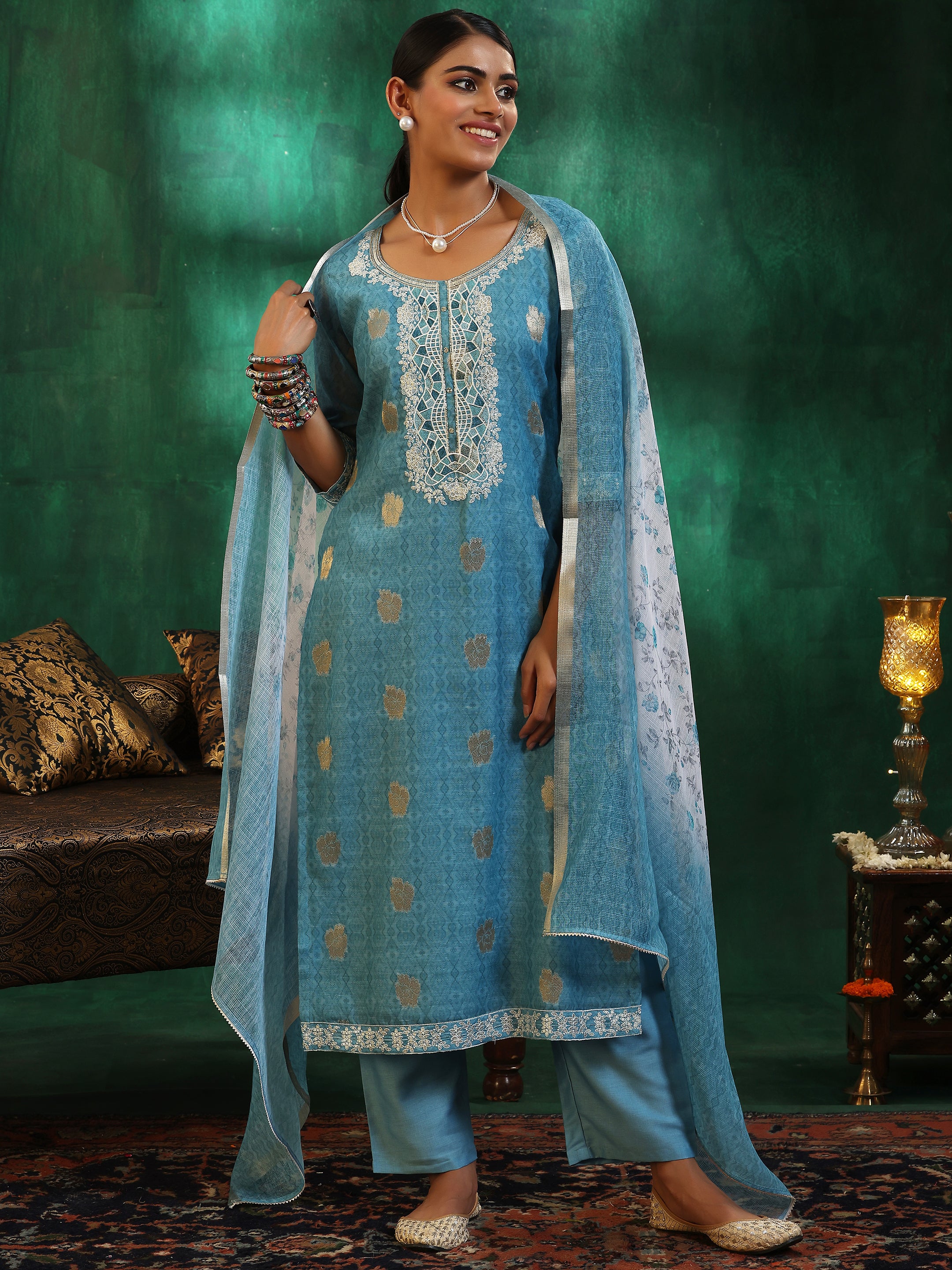 Turquoise Blue Printed Silk Blend Straight Suit With Dupatta