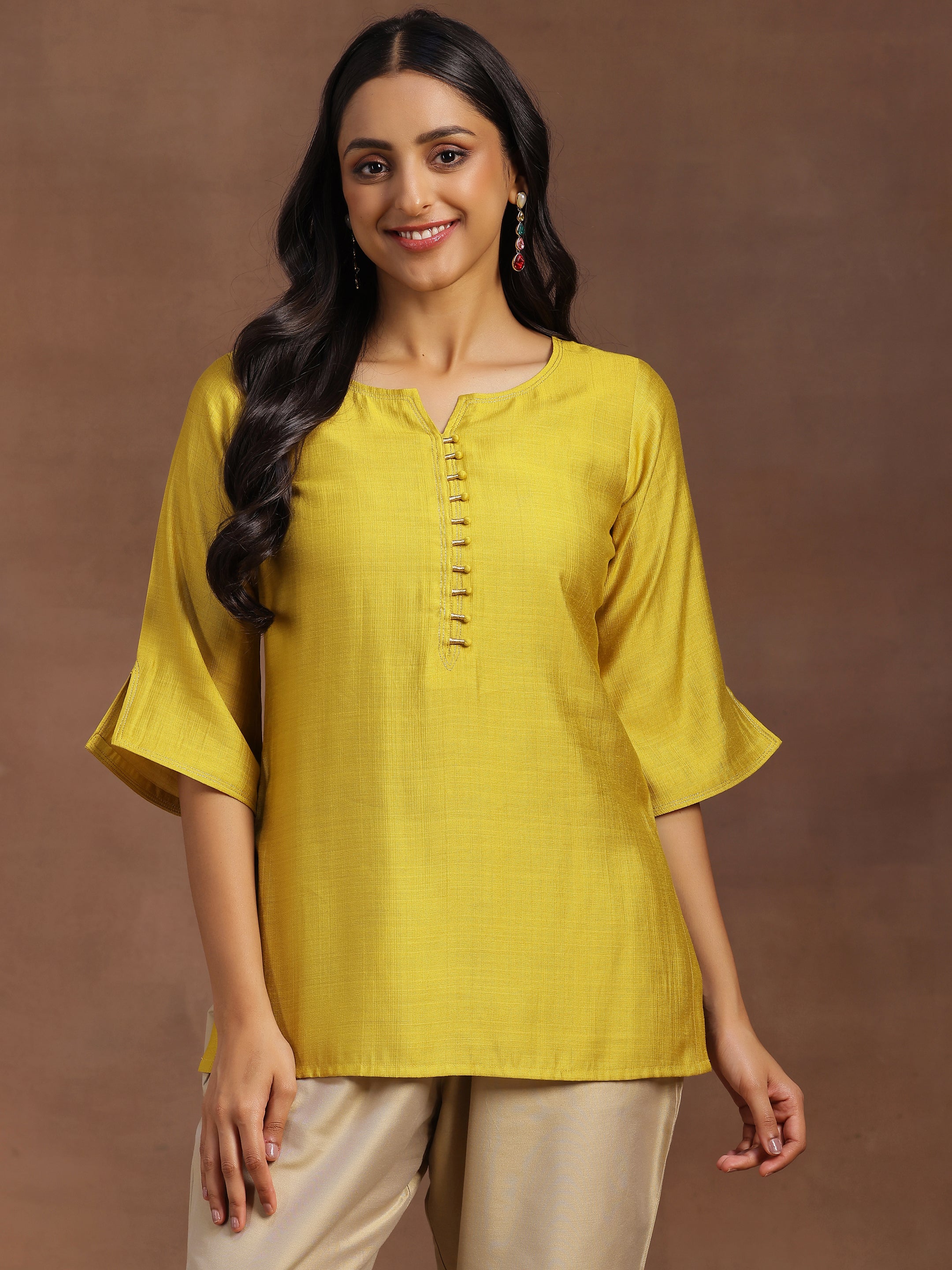 Yellow Solid Silk Blend Straight Kurti