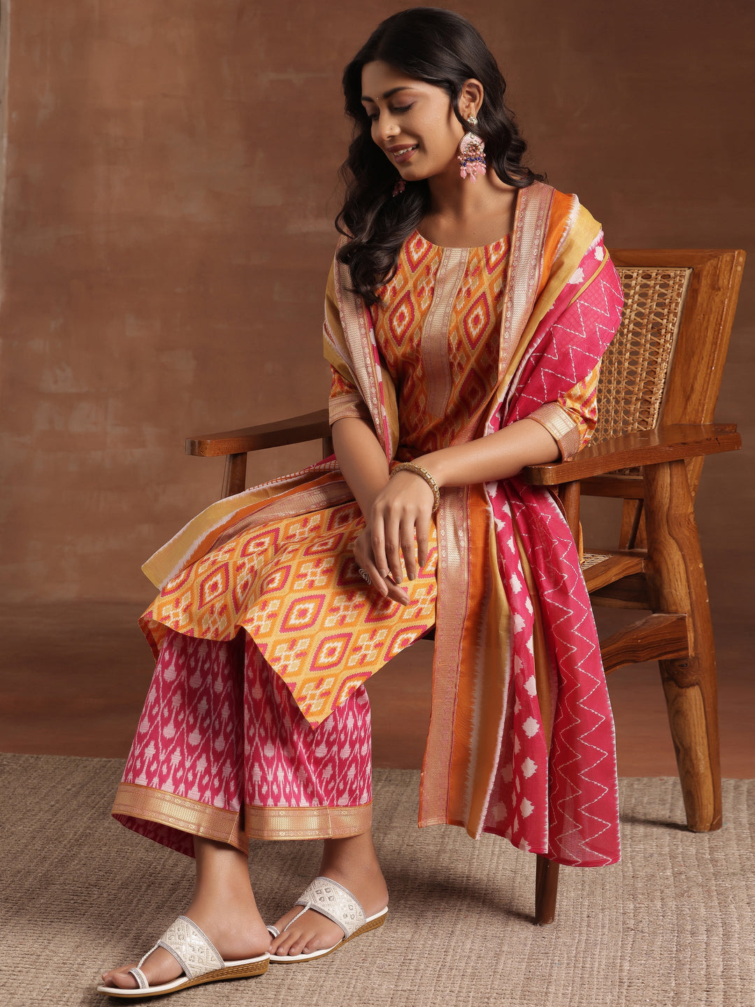 Orange Printed Cotton Straight Suit With Dupatta