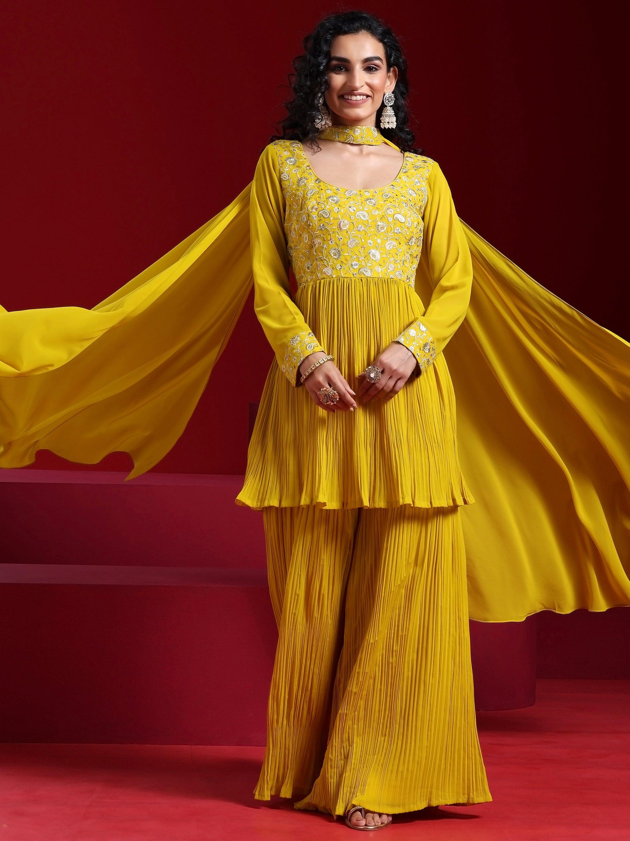 Libas Art Mustard Embroidered Georgette A-Line Kurta With Sharara & Dupatta