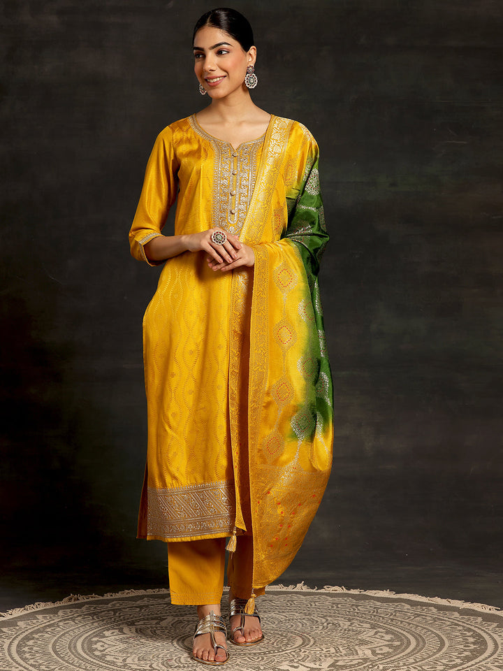 Mustard Woven Design Silk Blend Straight Suit With Dupatta