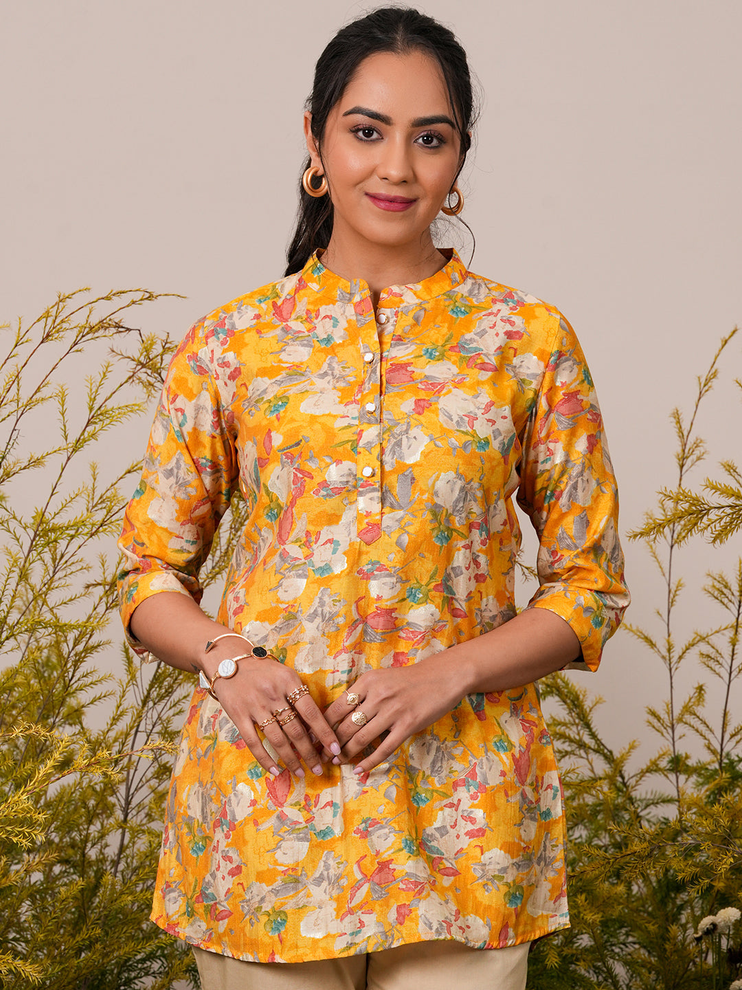 Yellow Printed Silk Blend A-Line Kurti