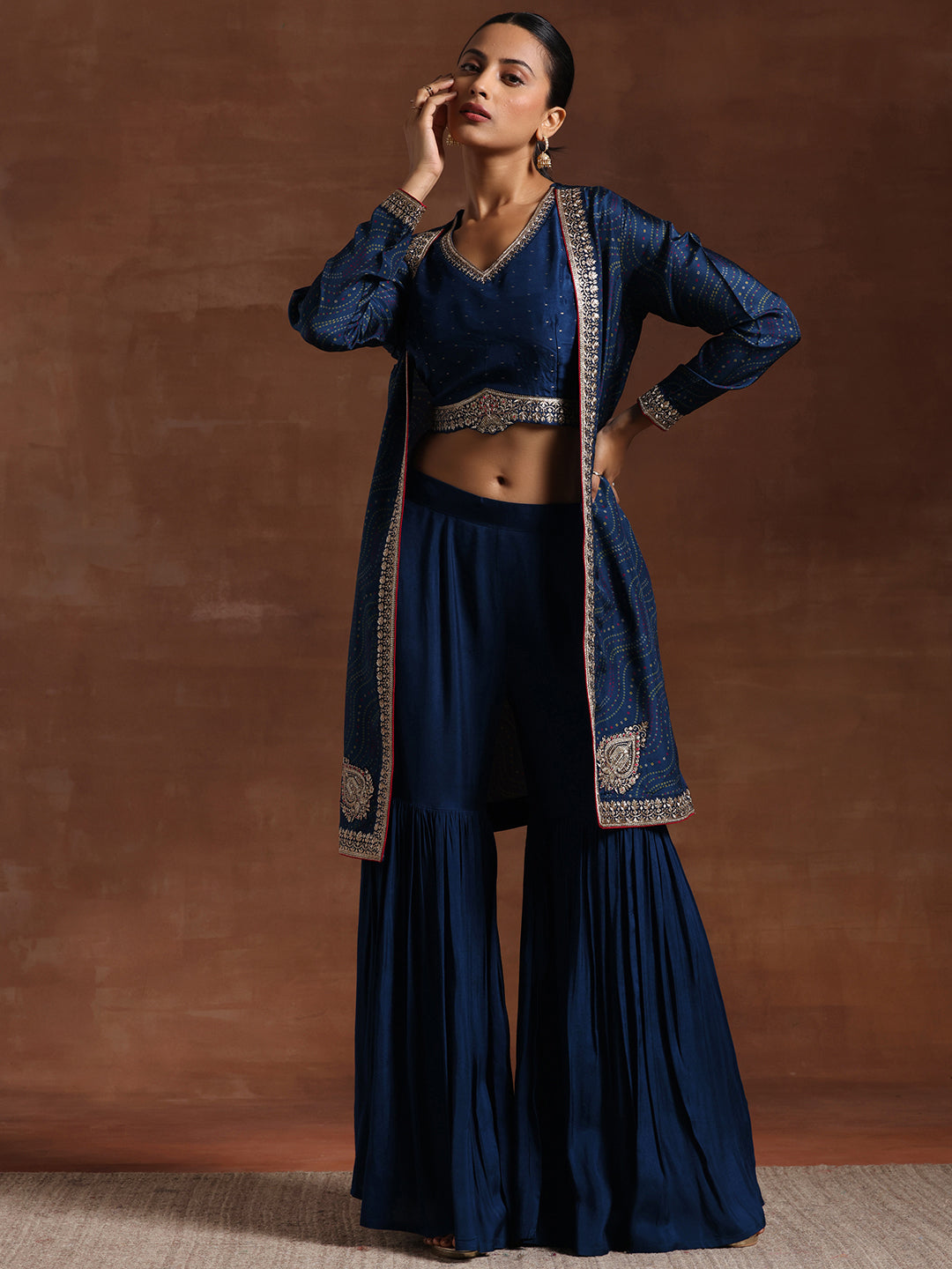 Blue Embroidered Silk Blend 3 Piece Co-Ords