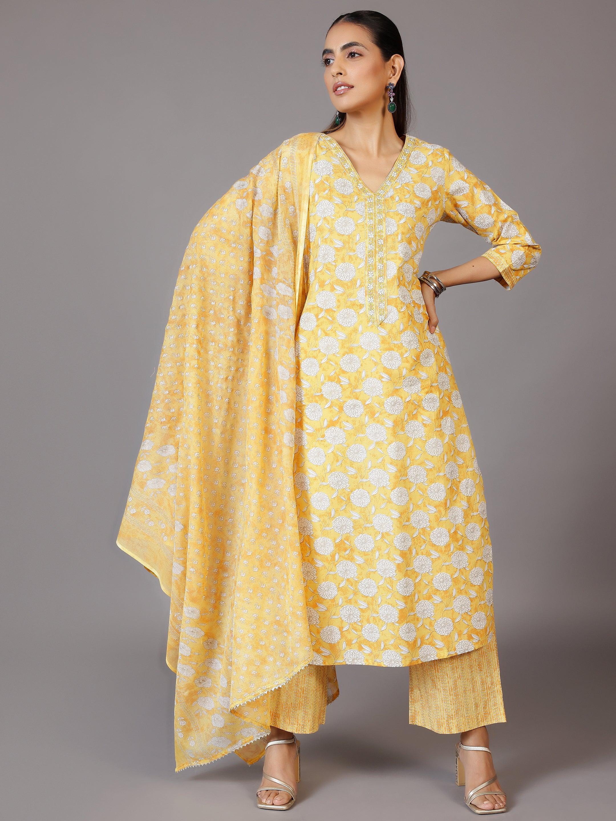 Yellow Printed Cotton Straight Suit With Dupatta