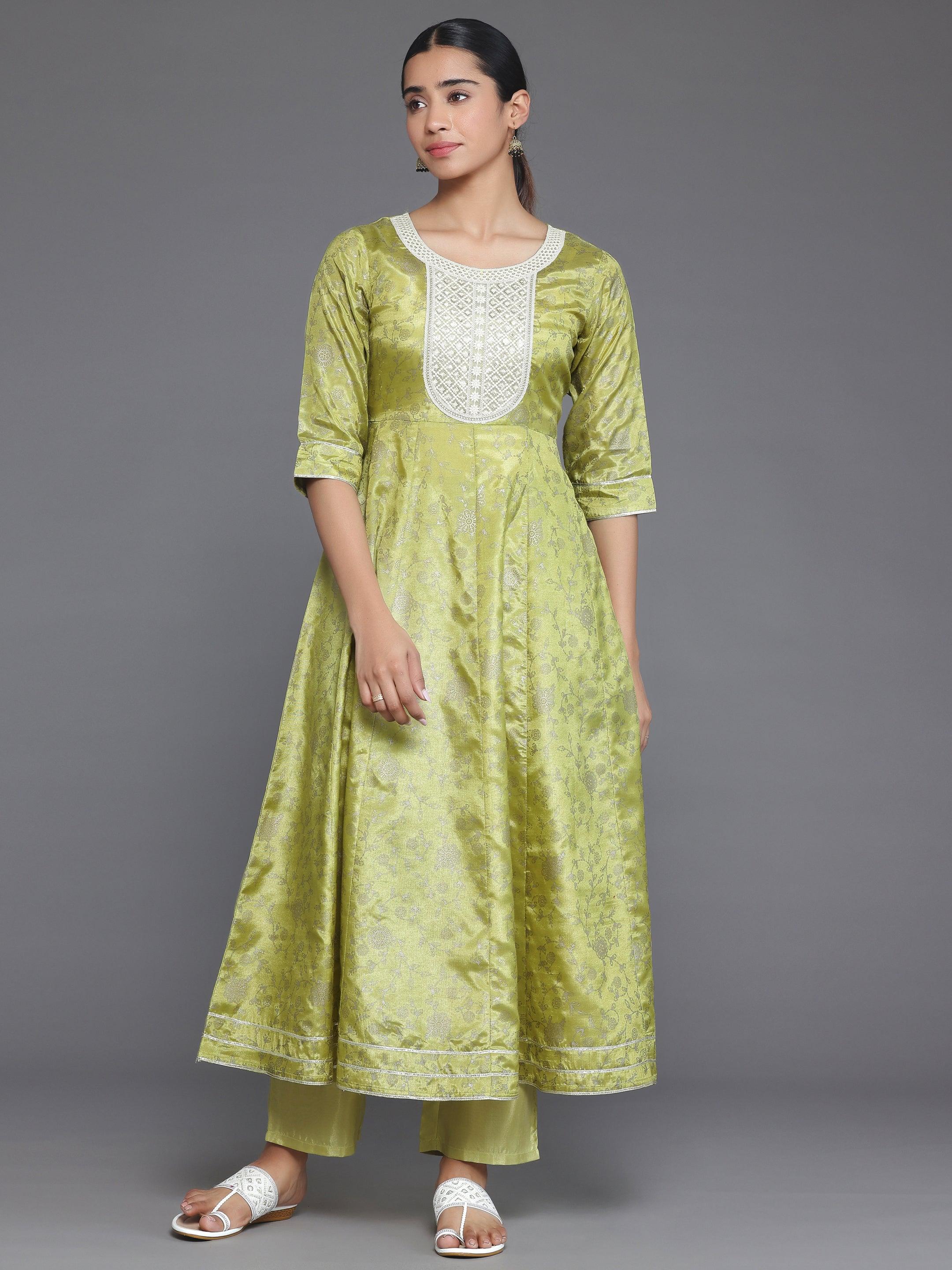 Green Printed Silk Blend A-Line Kurta With Trousers