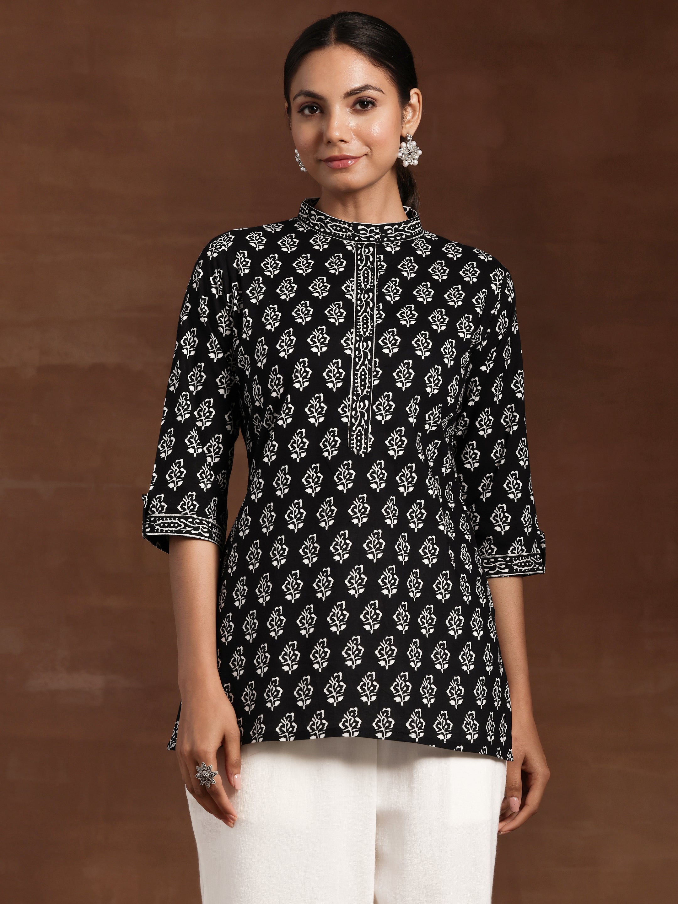 Black Printed Cotton A-Line Kurti