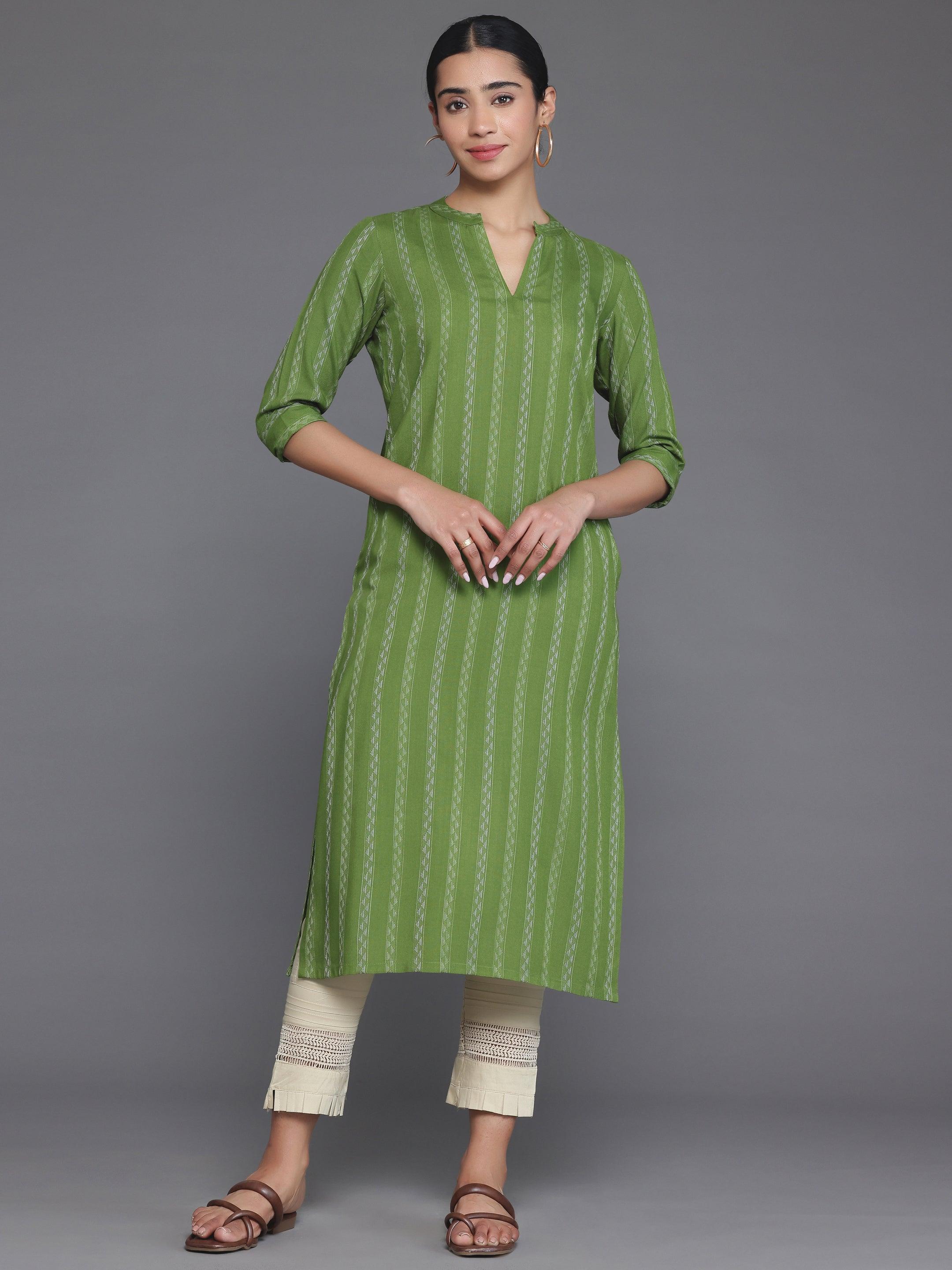 Green Striped Rayon Straight Kurta