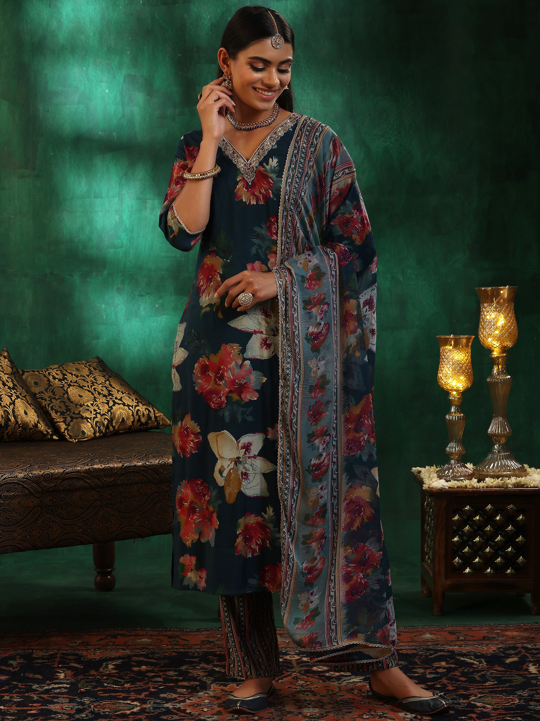 Teal Printed Silk Blend Straight Suit With Dupatta