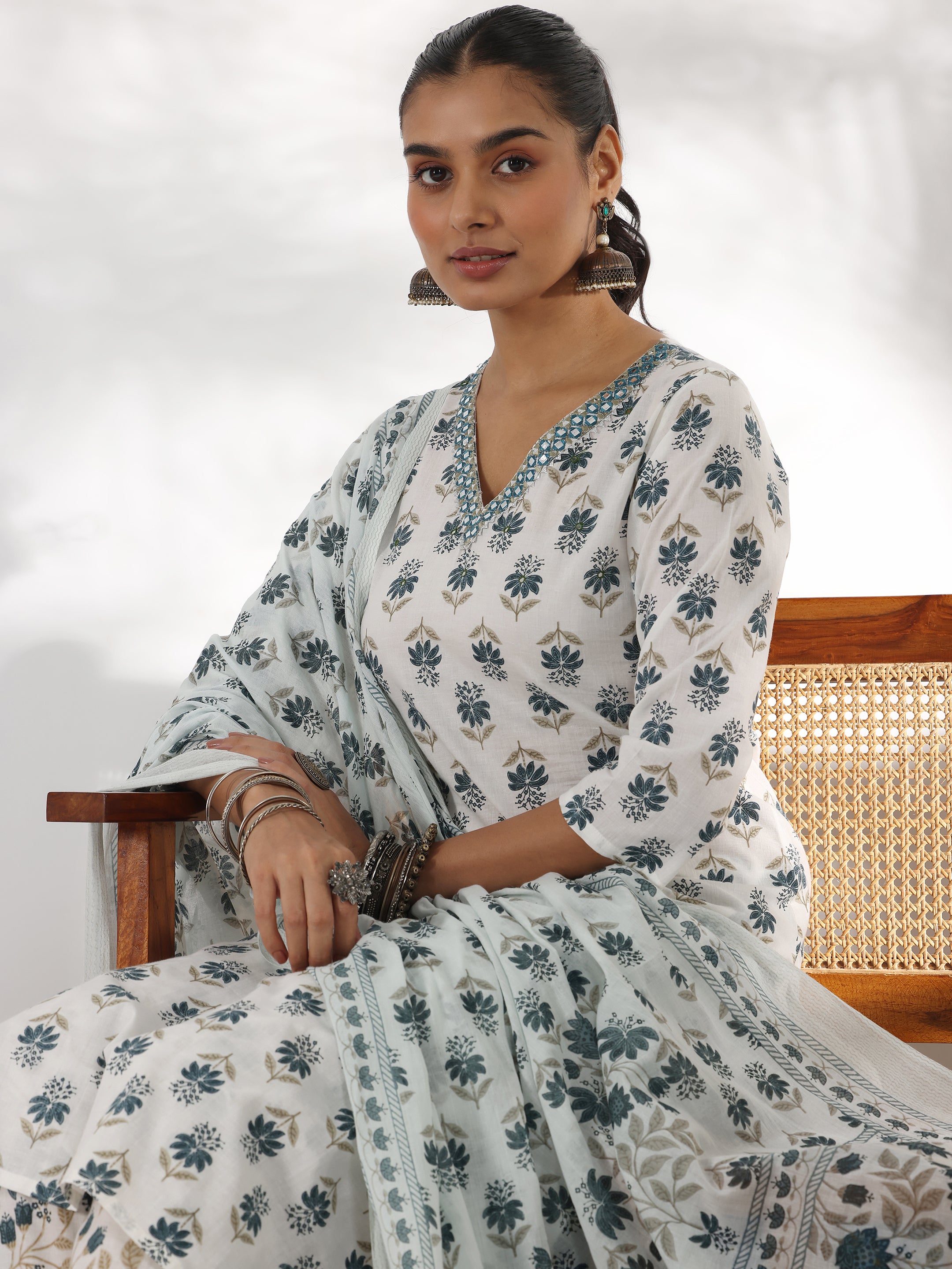 White Printed Cotton Straight Suit With Dupatta