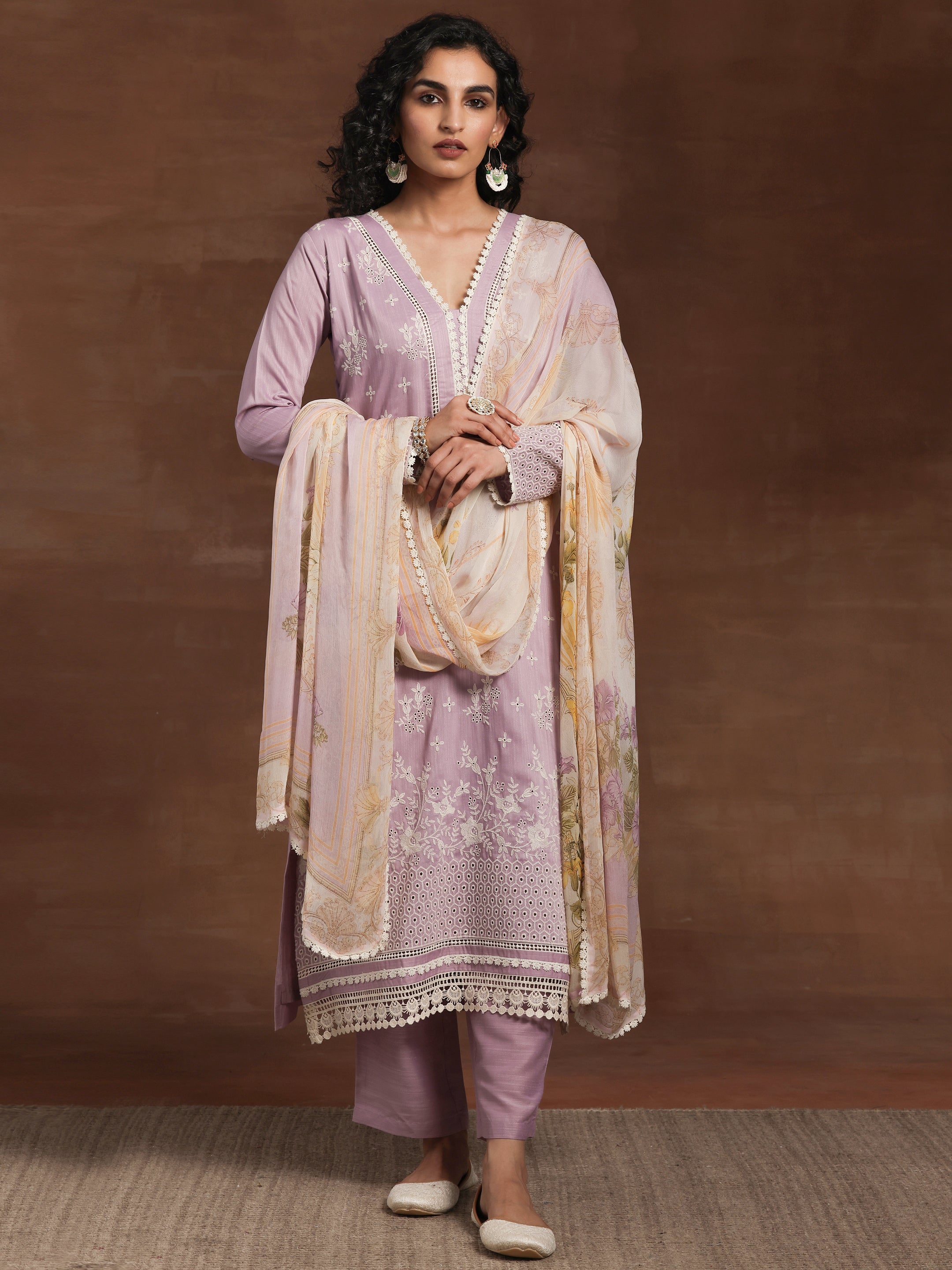 Lilac Embroidered Silk Blend Straight Suit With Dupatta