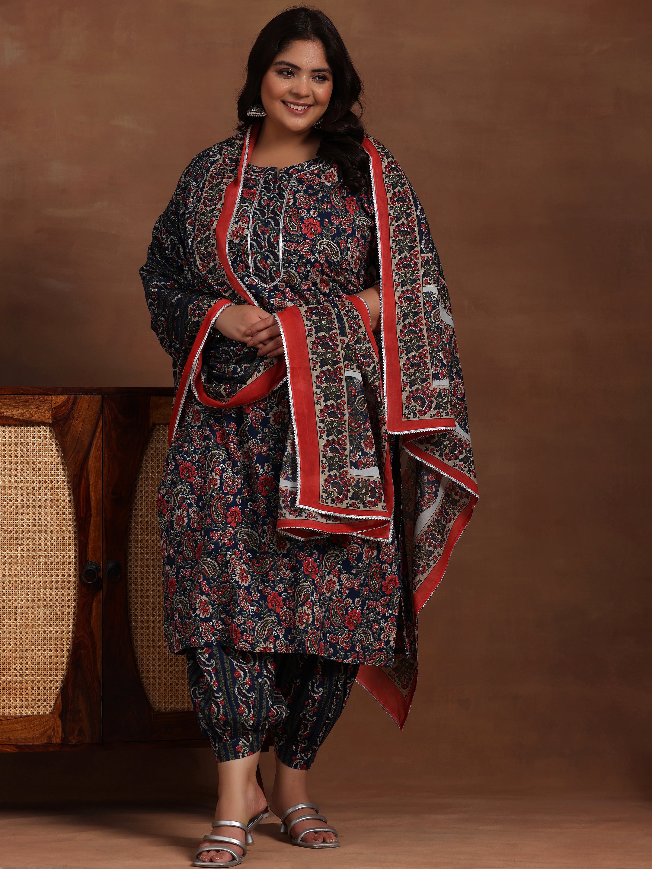 Plus Size Blue Printed Cotton Straight Suit With Dupatta