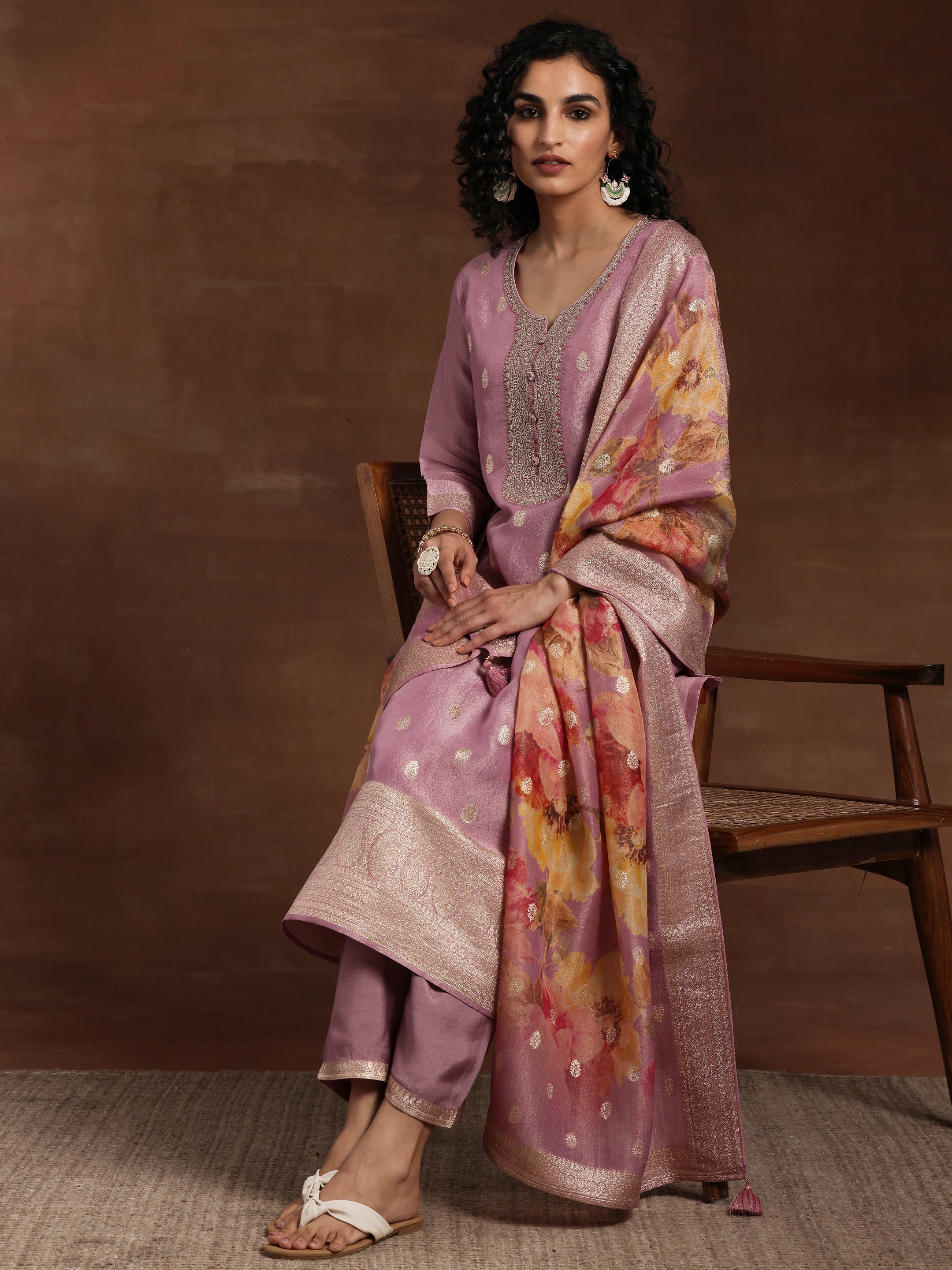 Mauve Woven Design Silk Blend Straight Kurta With Palazzos & Dupatta