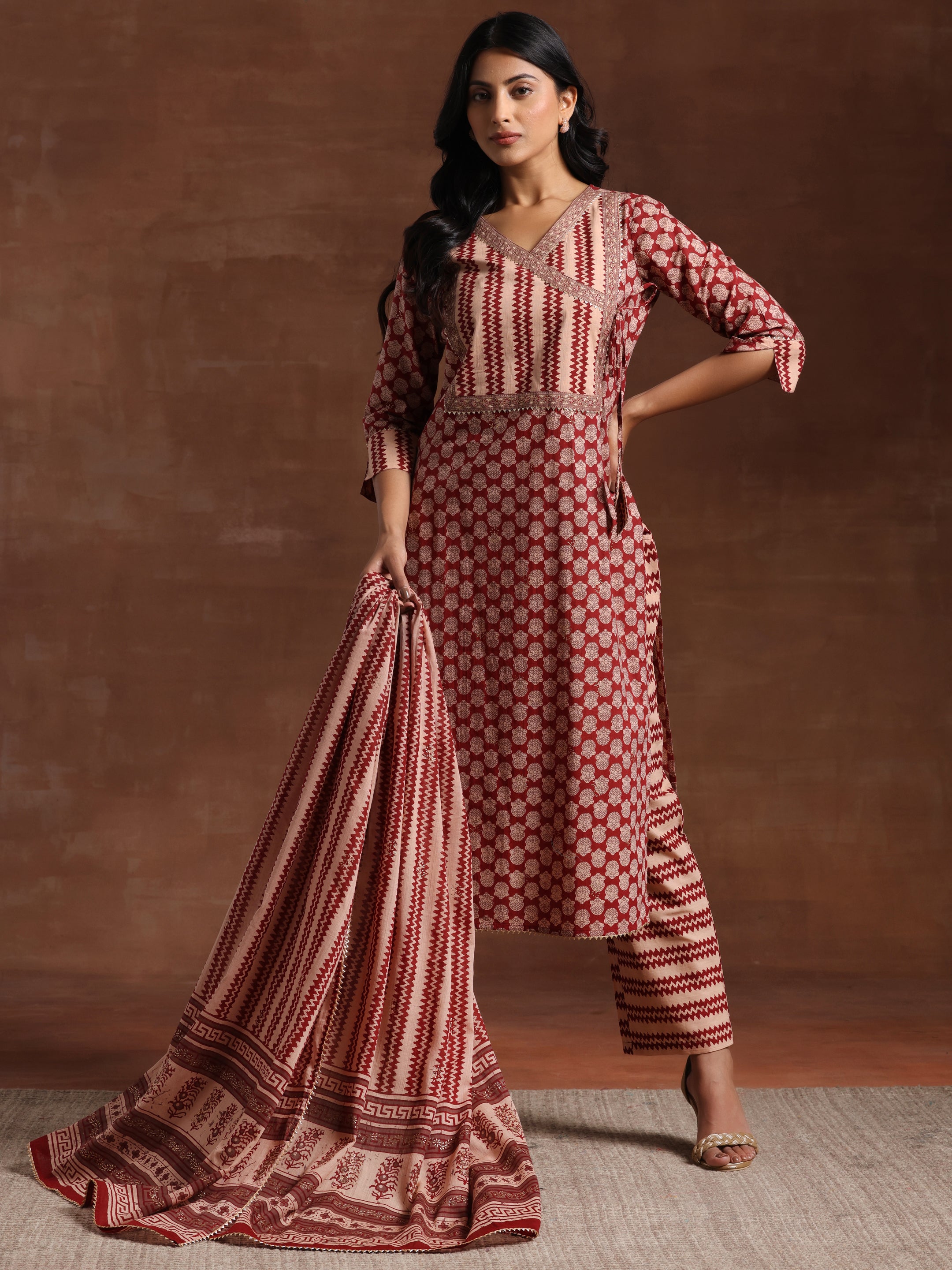 Maroon Printed Cotton Straight Suit With Dupatta