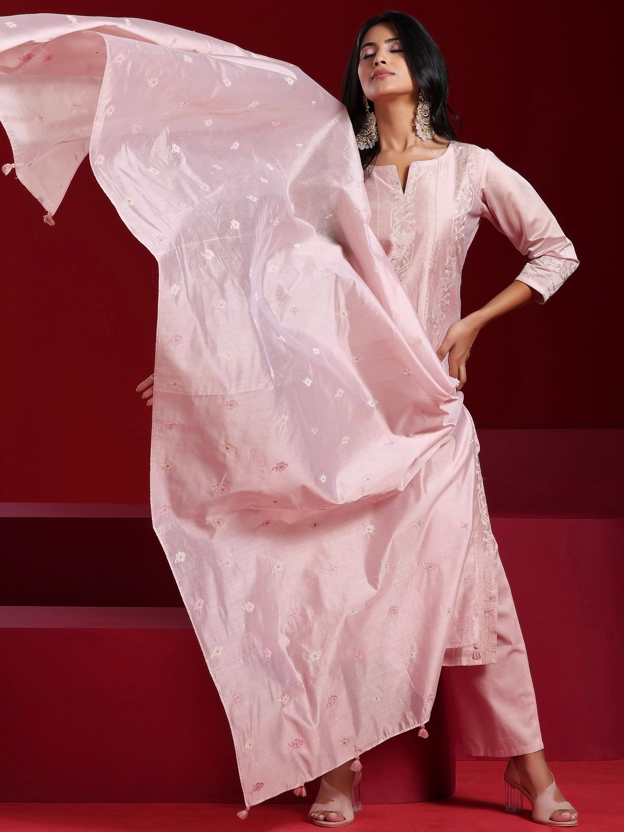 Libas Art Pink Embroidered Chanderi Silk Straight Suit With Dupatta