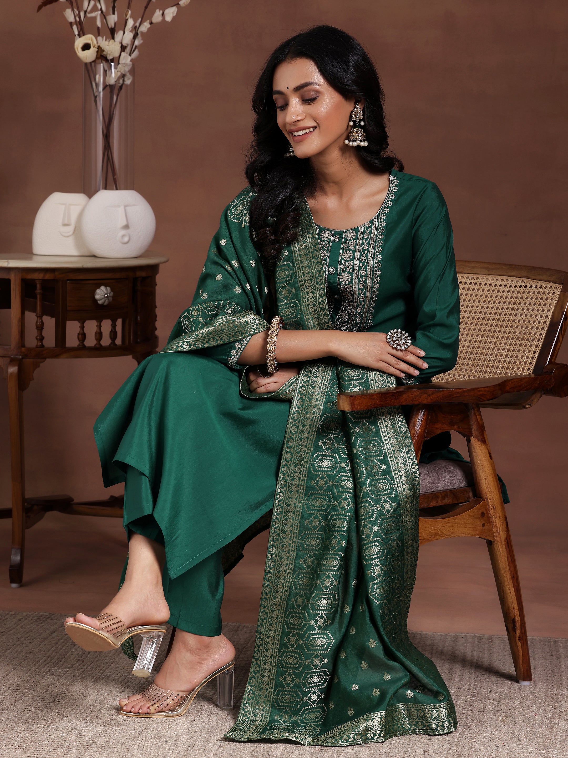 Green Yoke Design Silk Blend Straight Suit With Dupatta