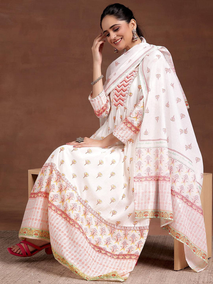 Off White Printed Cotton Anarkali Suit With Dupatta