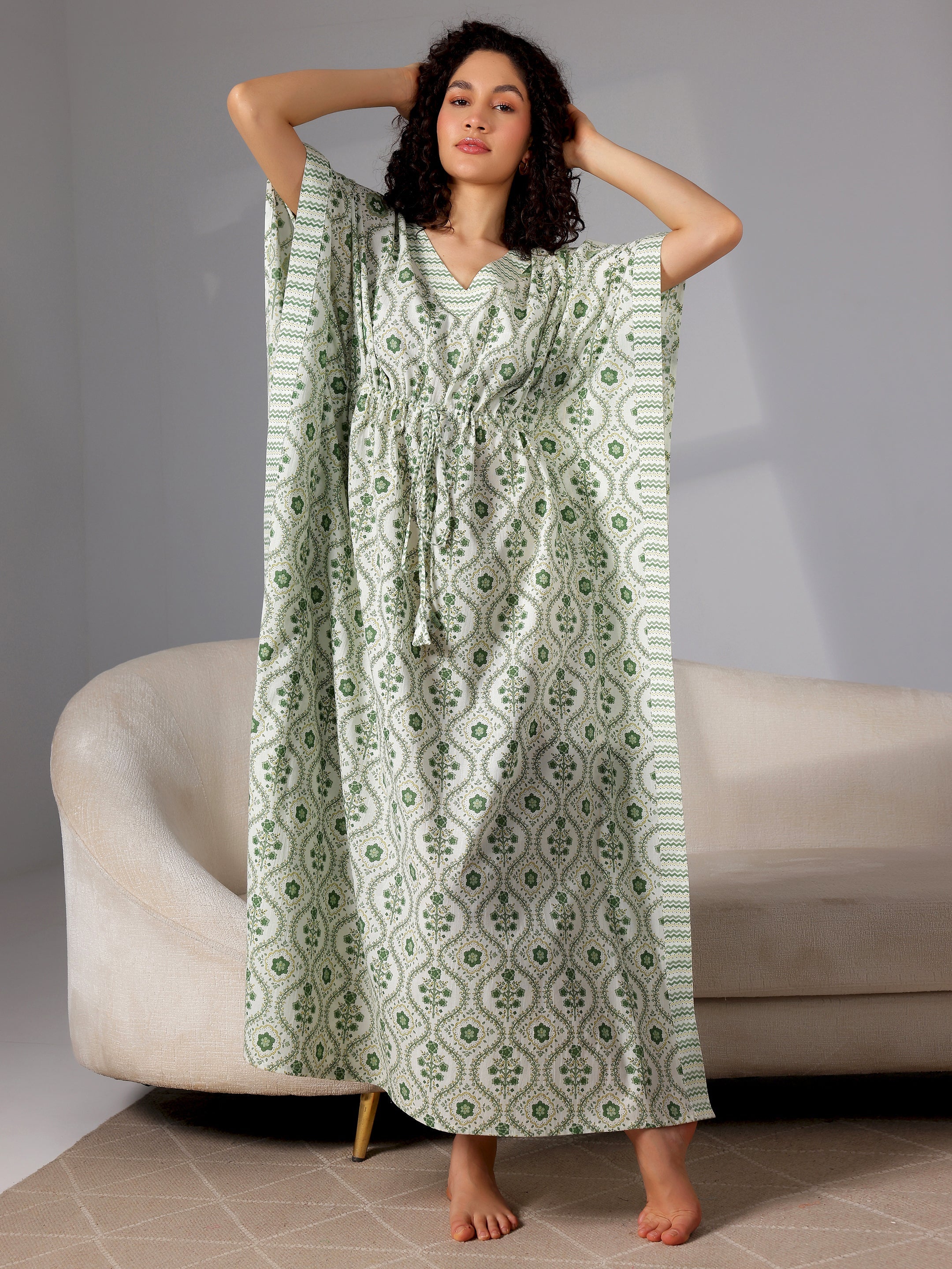 Green Printed Cotton Kaftan Night Dress